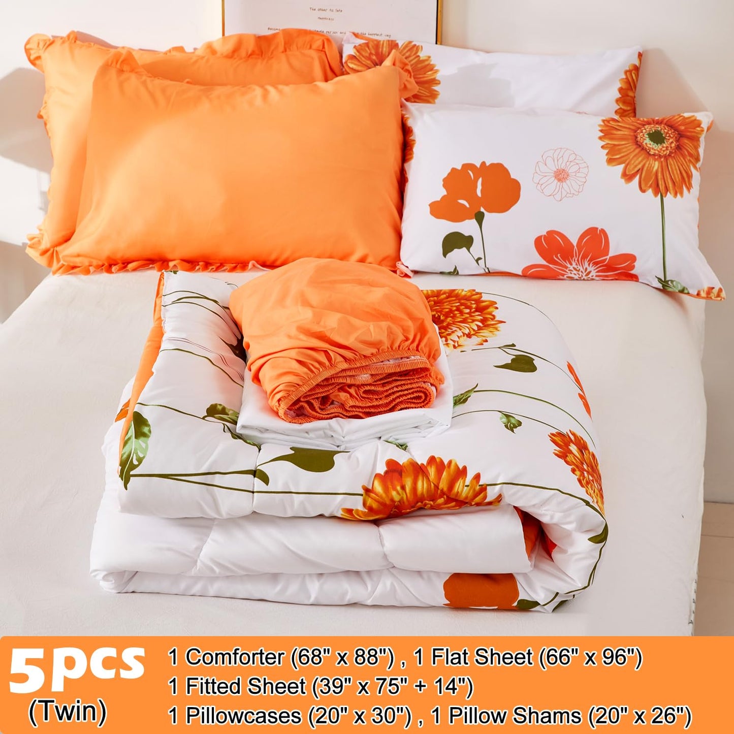 EVENHUG Twin Comforter Set 7 Pieces Lightweight Soft Twin Size Comforters for All Season Orange Sunflower Floral Bedding Sets Bed in a Bag with Flat Sheet and Fitted Sheet Pillowcases