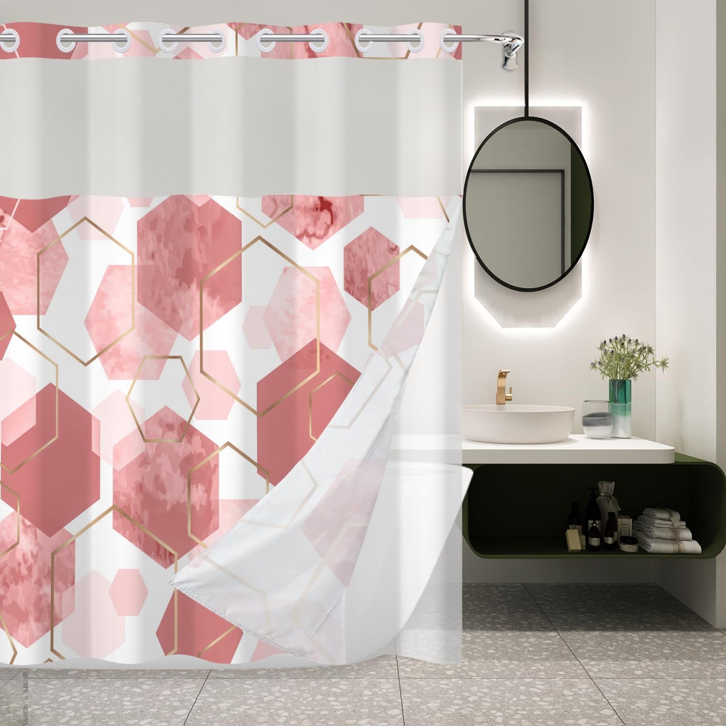 deFouliao Pink Shower Curtain with Snap in Liner No Hook Geometric Grid Modern Bathroom Curtain with See Through Mesh Top Window, Fabric Waterproof Inner Liner, 71x74 Inches