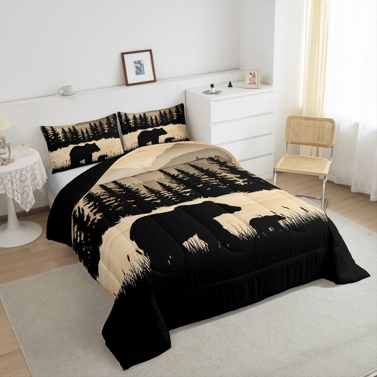 Erosebridal Rustic Cabin Full Comforter Set Farmhouse Bear Bedding Set Hunting Woodland Animal Down Comforter for Kids Adults,Pine Tree Wildlife Quilt Duvet Lodge Bedroom Decor 3 Pcs