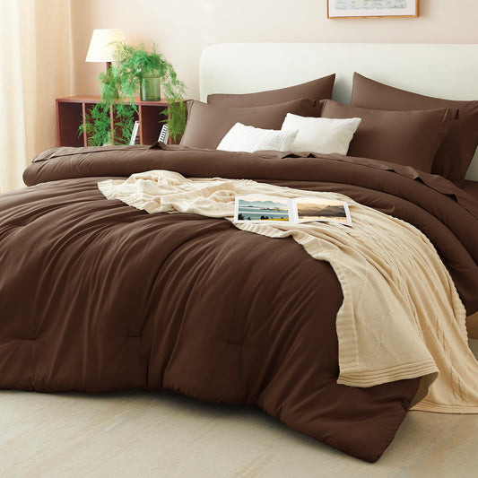 CozyLux King Size Comforter Set Brown, 7 Pieces Bed in a Bag King Comforter Set with Sheets, Luxury Soft Bedding Sets with Down Alternative Comforter, Fitted Sheet, Flat Sheet, Pillowcases & Shams