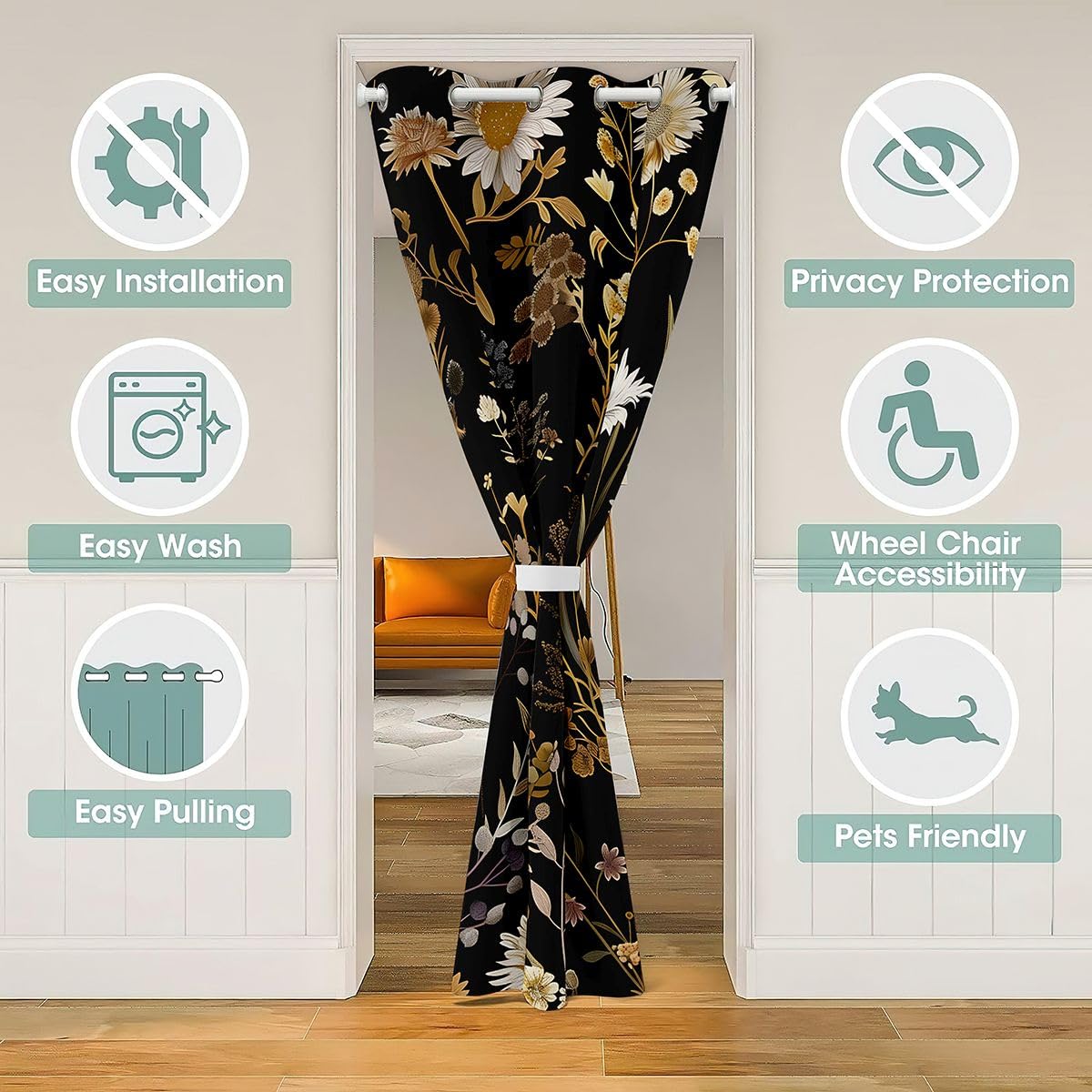 Feelyou Flower Door Curtain for Doorway Privacy Retro Hippie Flower Closet Cover for Bedroom Living Room 60S 70S Groovy Room Divider Curtain 42" x 84" Darkening Blackout Home Decor