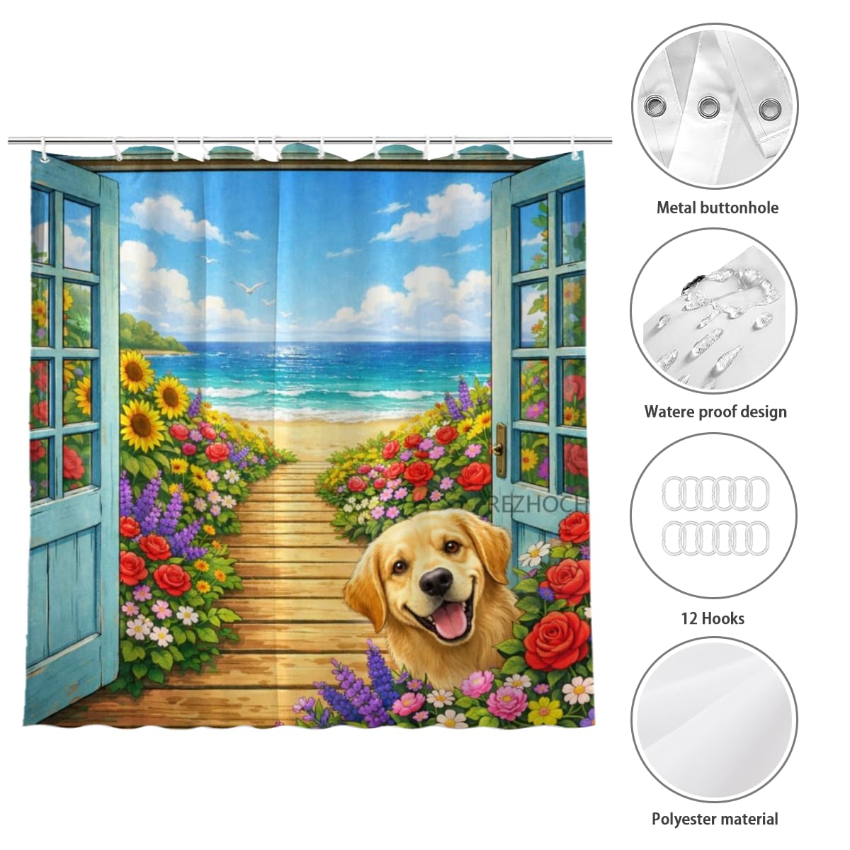 REZHOCH Beach Animal Shower Curtain 72x72Inch,Fun Golden Retriever Ocean View Bathroom Decor,Floral Pathway Seaside Holiday,Spring Summer Coastal Waterproof Fabric Bath Set with Hooks