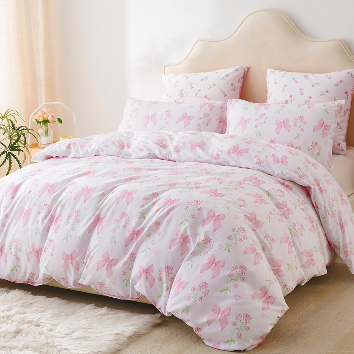 Sedefen Floral Duvet Cover Set Queen Size, 3 Pieces Pink Bow Bedding Set with Cute Heart Pattern, Romantic Spring Botanical Flower Soft Microfiber Duvet Cover for Kids Girls Bedroom & Princess Decor