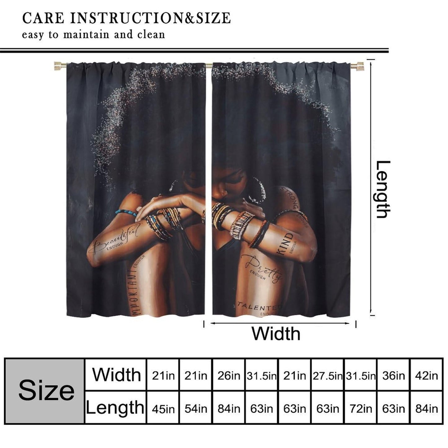 BenYaSong Black Girl Woman Blackout Curtain African American Afro Lady Sexy for Home Kitchen Livingroom Coffee Room Window Drapes 2Panel 41" W X 44" L