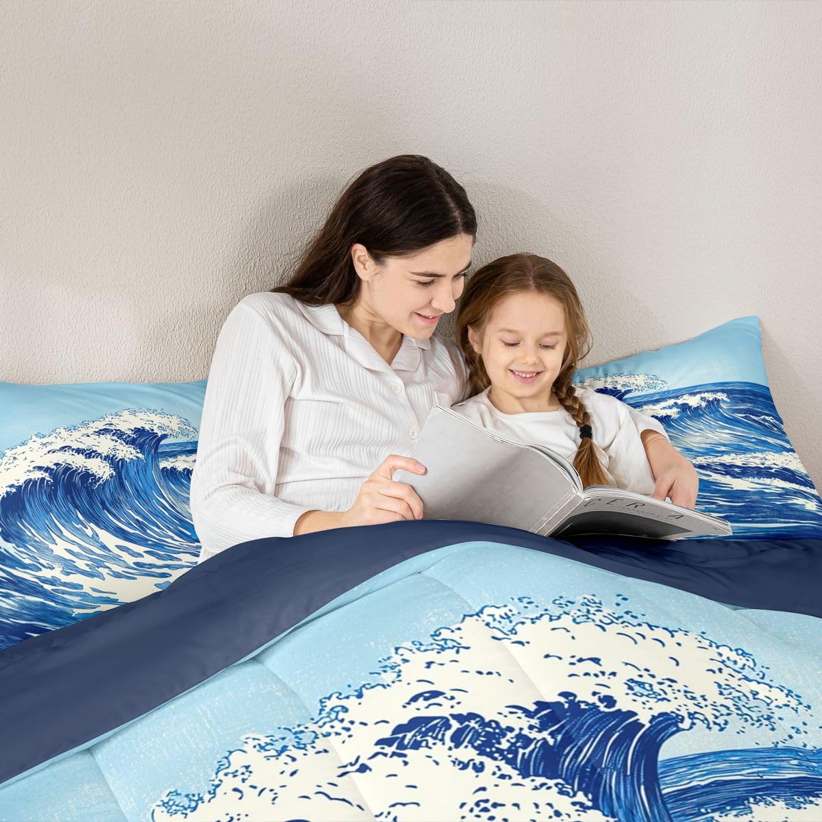 jejeloiu Wave Bedding Set Soft for Boys Girls, Ocean Wave Comforter Set Queen Size Japanese Style Duvet Quilt Microfiber Abstract Bedroom Decor 3 Pcs with 2 Pillow Cases