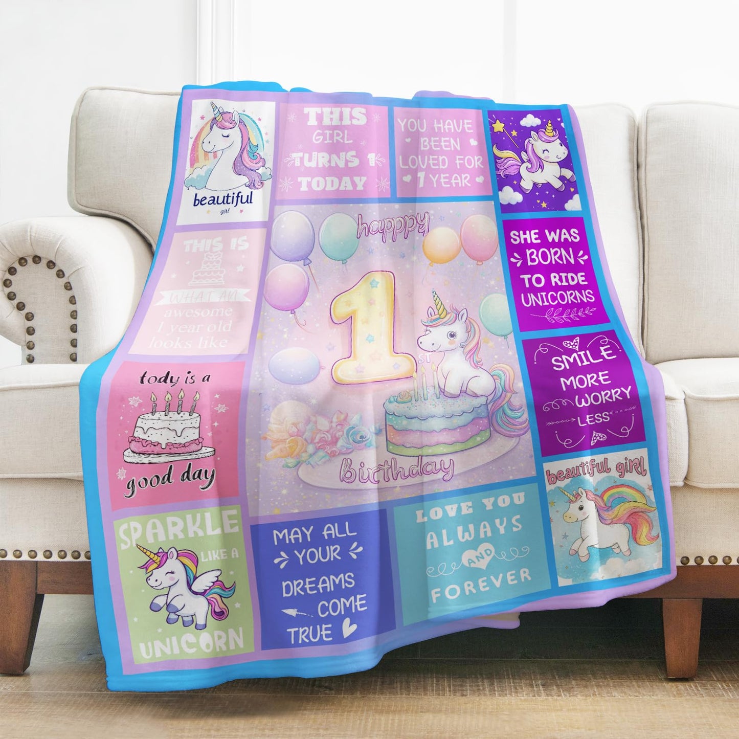 Levens 1 Year Old Girl Birthday Gift Blanket 50"x60" Gifts for One Year Old Kids Girls Baby First Birthday Throw Blankets Happy 1st Birthday Decorations Cute Unicorn Print Soft Flannel Blanket