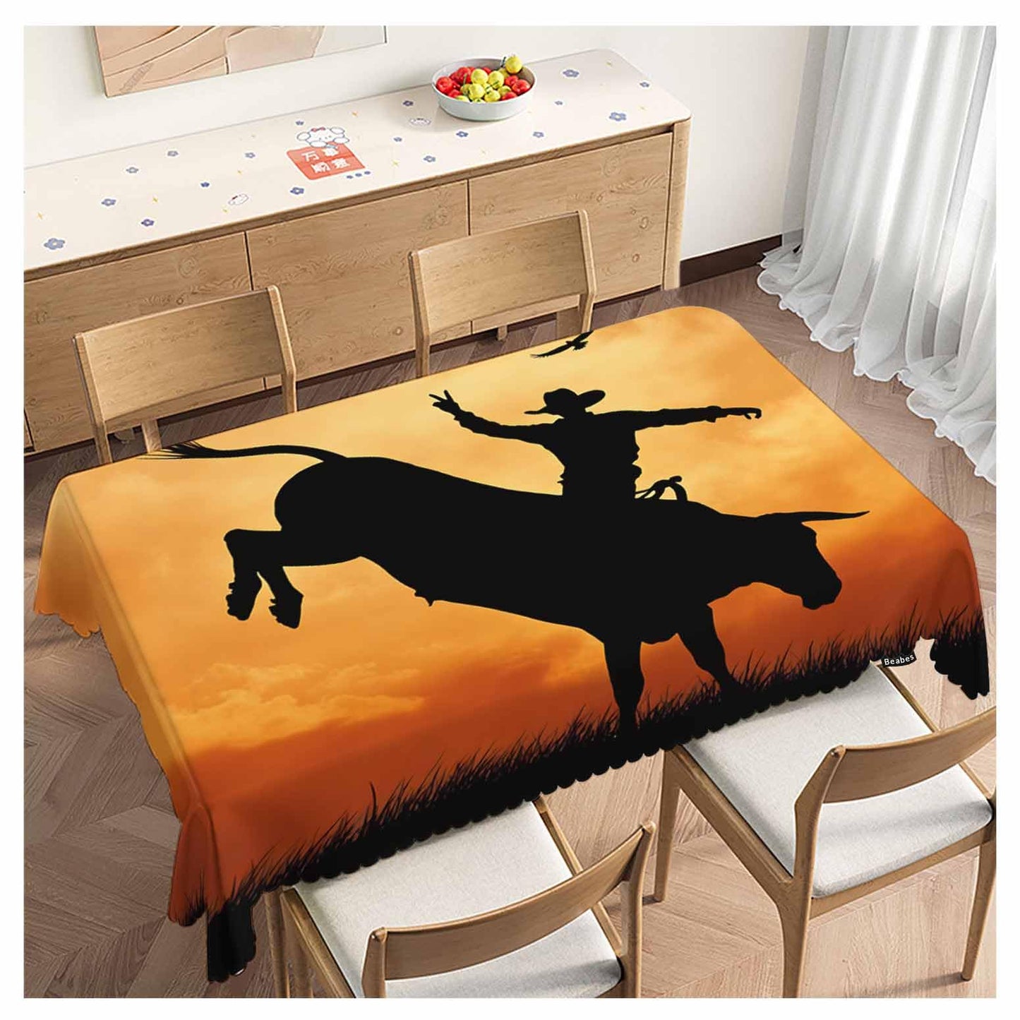 Beabes Bull Rider Table Cloth Rectangle Table 52"X70", Western Cowboy Bucking Bull Sunset Wipeable Table Cover for Dinner Kitchen, Outdoor Tablecloth for Party Banquets Weddings