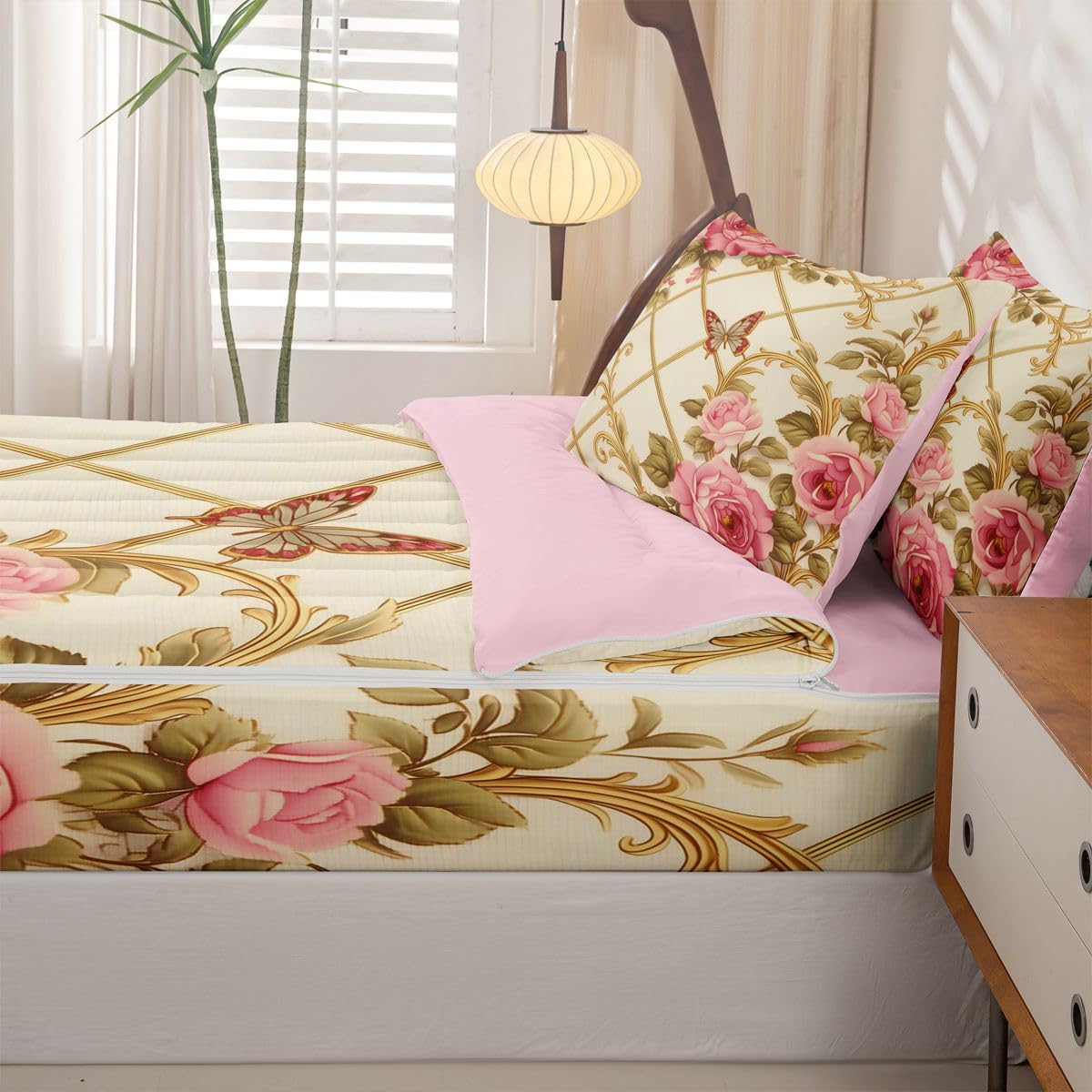 Erosebridal Victorian Rose Zip Up Comforter Set Butterflies Twin Zipper Bedding Gold Trim Print Bed Set with Sheets Romantic Floral Bed in a Bag Bedroom Decor