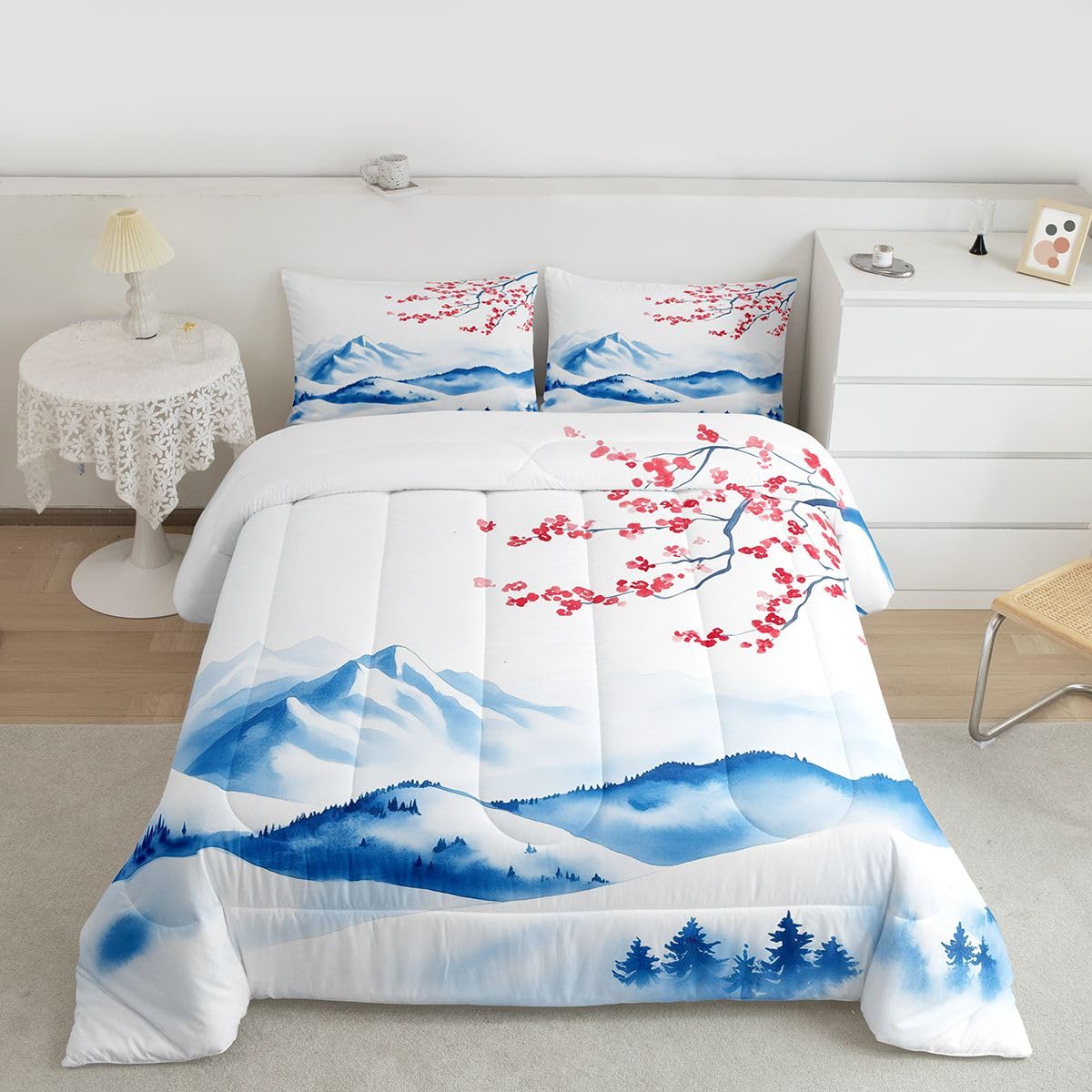 jejeloiu Japanese Wave Bedding Set Soft for Boys Girls, Cherry Blossom Comforter Set Queen Size Mountain Duvet Quilt Microfiber Japanese Style Bedroom Decor 3 Pcs with 2 Pillow Cases