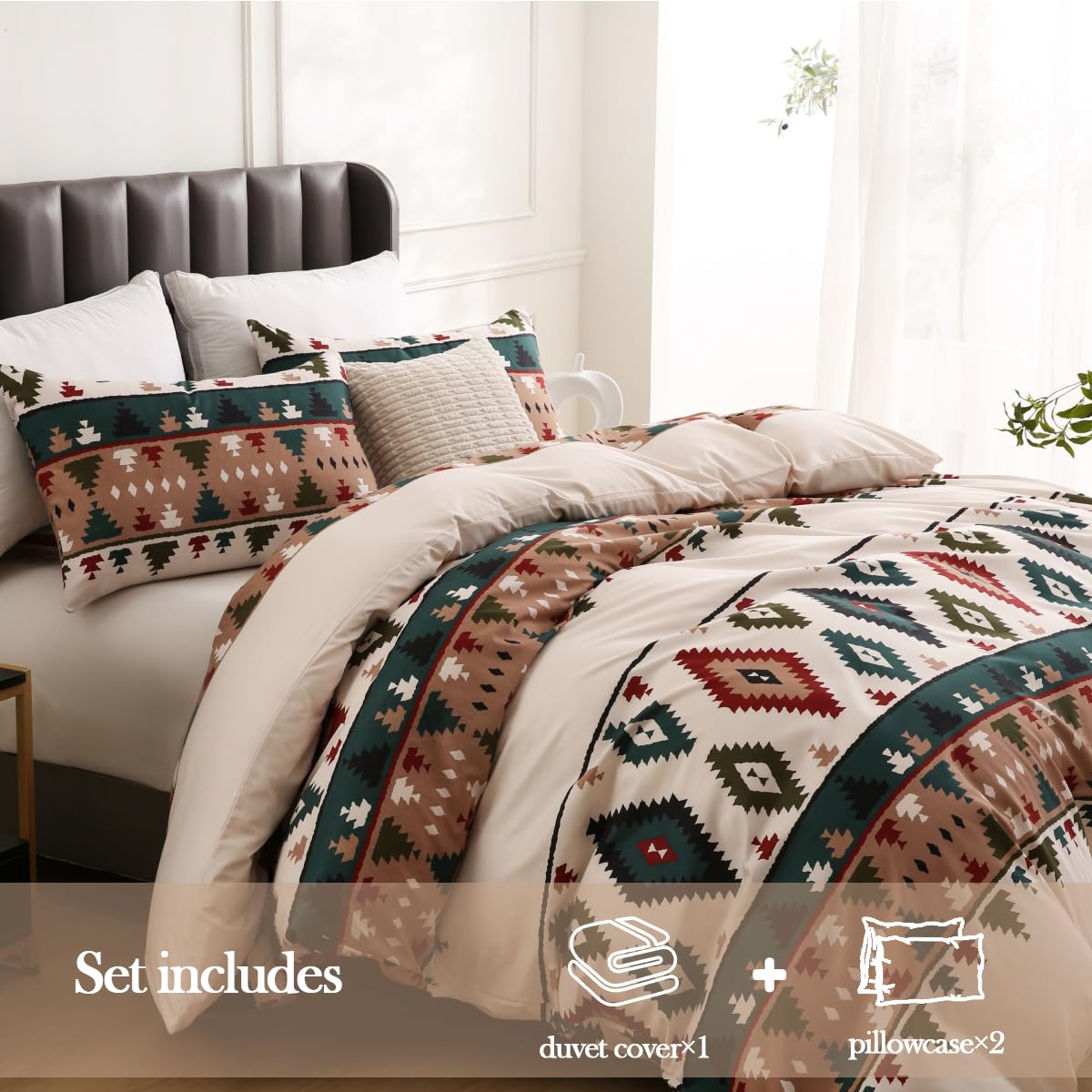Bed pomu Duvet Cover Set – Soft & Breathable Microfiber Bedding, All Season Comforter Cover with Zipper Closure & Corner Ties, 3 Piece Set (King (U.S. Standard), Boho Tribal Print)