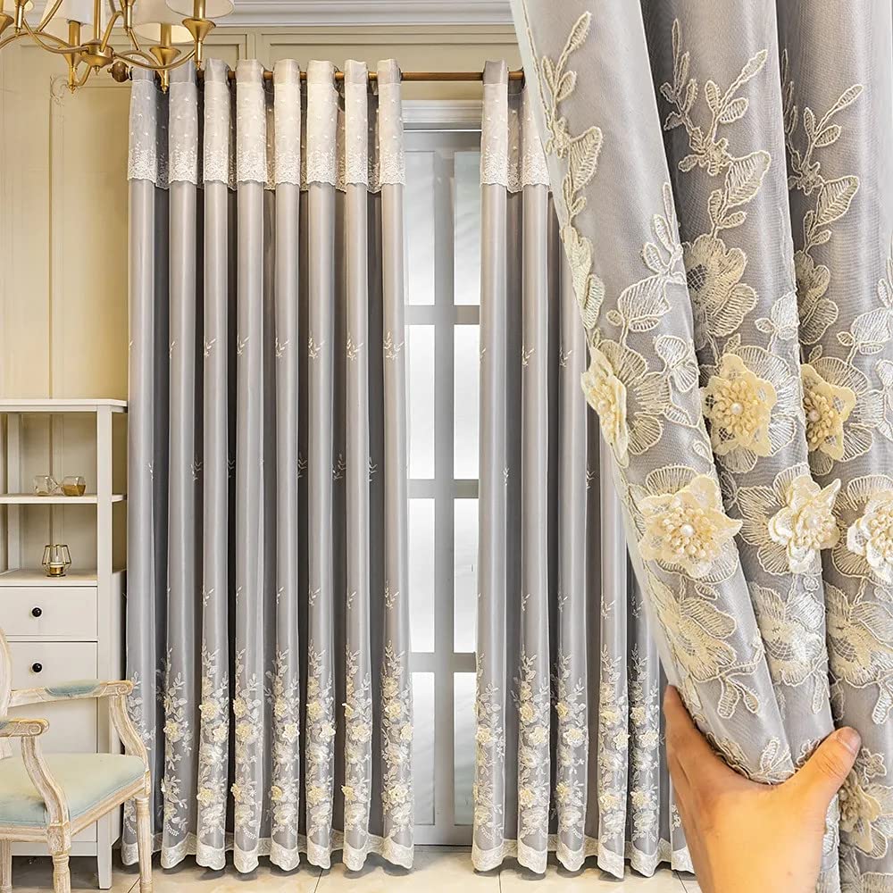 Amidoudou 1 Pair European 3D Flower Luxury Embroidered Curtains Double Layer Curtains with Valance for Living Room Bedroom (Grey,52x96 Inch)