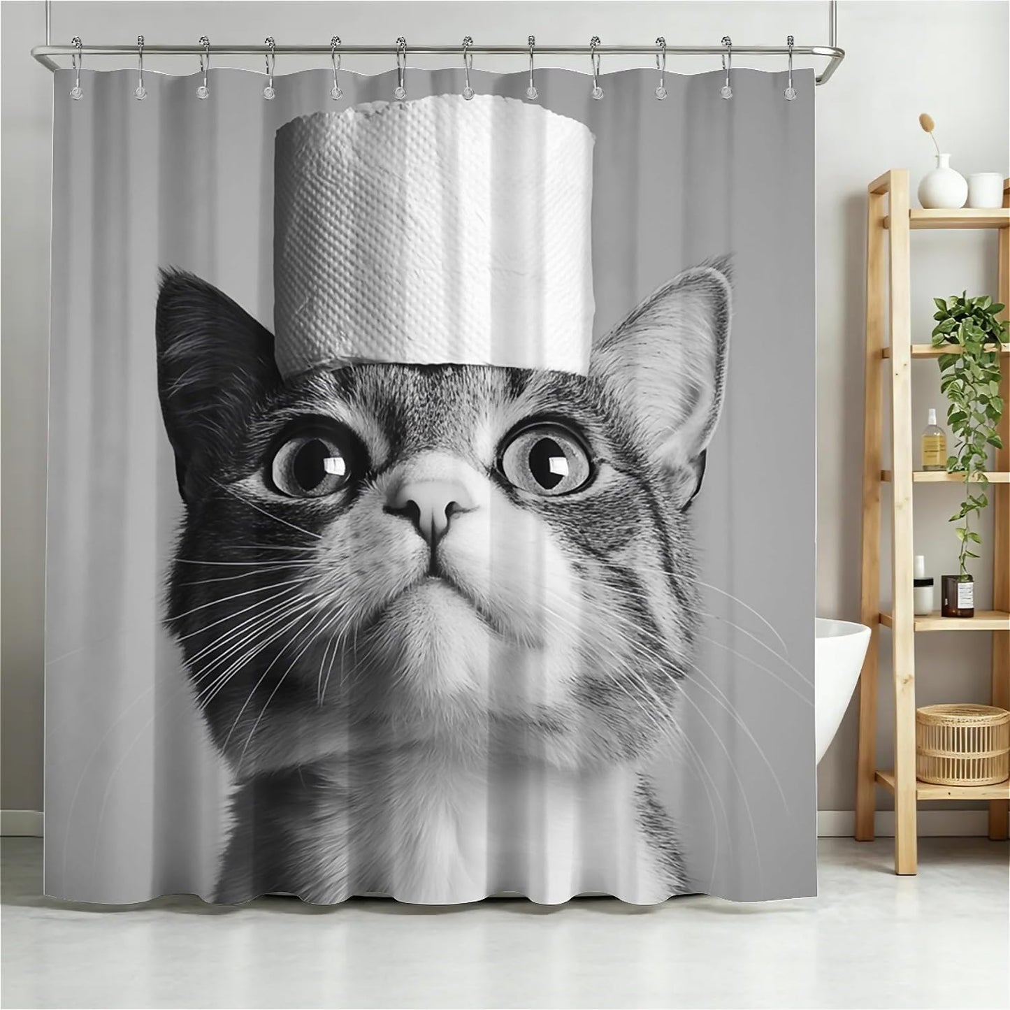 TANGXUNFA Cat-with-Toilet-Paper Shower Curtain for Bathroom, Water-Resistant Long Shower Curtain Set 72x72 Inch with Metal Grommets and 12 Metal Hooks