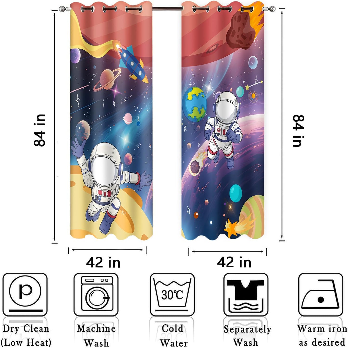 HIYSMT Astronaut Outer Space Curtains for Kids Bedroom,4284inch Universe Planet Cosmic Rocket Meteorite Fall Blackout Curtain,Cartoon Fantasy Starry Sky Drapes for Nursery Child Room 2Panel HI01DX