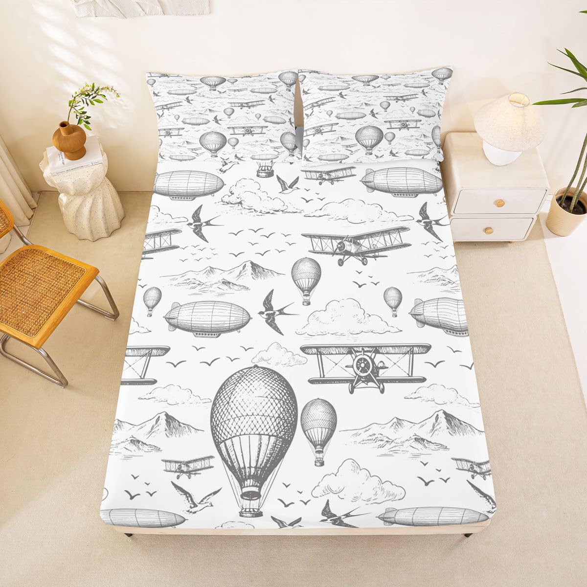 Airplane Hot Air Ballon Fitted Sheet Full Size (No Flat),Aircraft Bedding Set 3Pcs,Kids Boys Teens Room Decor,Sky Cloud Airship Bed Sheets Sketch Grey White Deep Pocket Sheet,2 Pillowcases