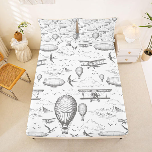 Airplane Hot Air Ballon Fitted Sheet Full Size (No Flat),Aircraft Bedding Set 3Pcs,Kids Boys Teens Room Decor,Sky Cloud Airship Bed Sheets Sketch Grey White Deep Pocket Sheet,2 Pillowcases