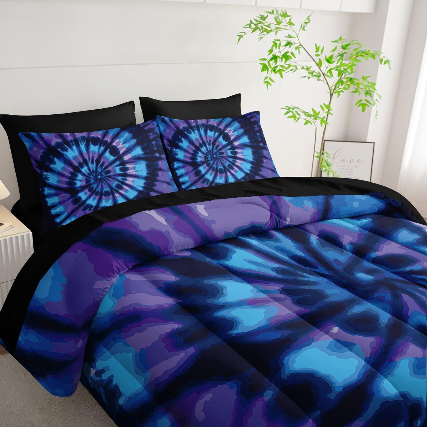 Smell Sunshine 7pcs Tie Dye Comforter Set Blue Spiral Printed Bedding Set with 1 Comforter, 1 Flat Sheet, 1 Fitted Sheet and 4 Pillowcases for Boys and Girls Bedroom (Spiral Twin