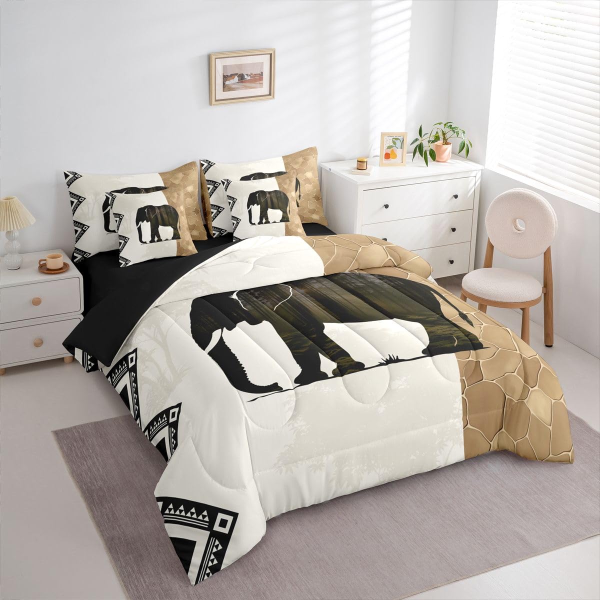 Erosebridal Elephant 7 Piece Bedding Set Full African Comforter Set with Sheets African Animal Lover Geometric Bed in a Bag Wild Animal Skin Woodland Silhouette for Kids Boys Girls