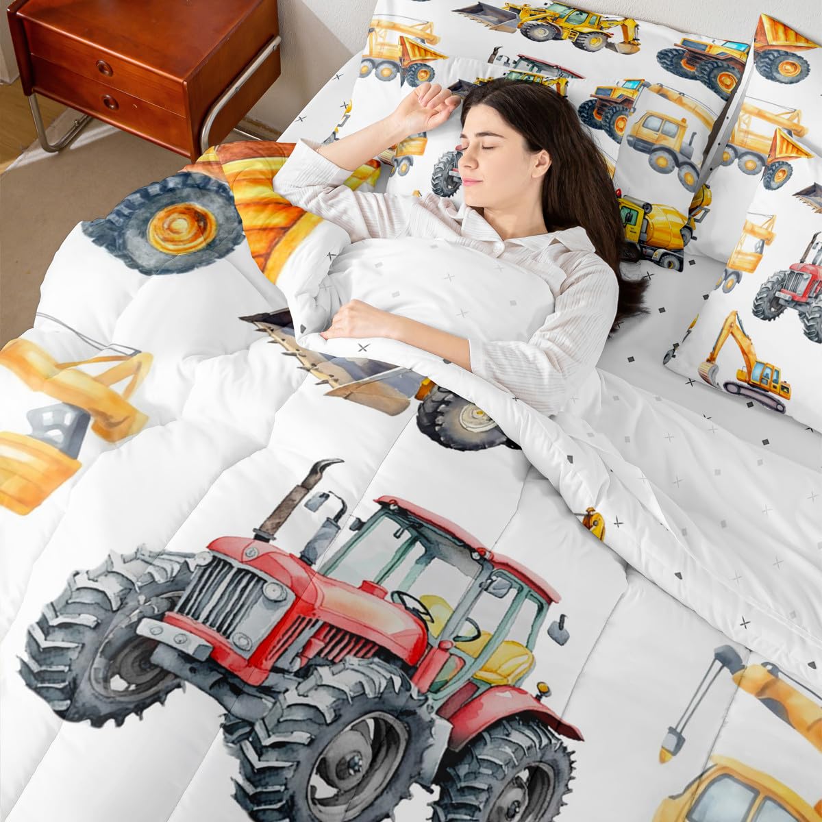 Erosebridal Kids Excavator Bedding Set Twin 7 Piece Retro Truck Comforter Sets Tractor Construction Vehicle Bed in A Bag with Sheets Crane Digger Mixer Bed Set for Kids Boys Teens Child Room