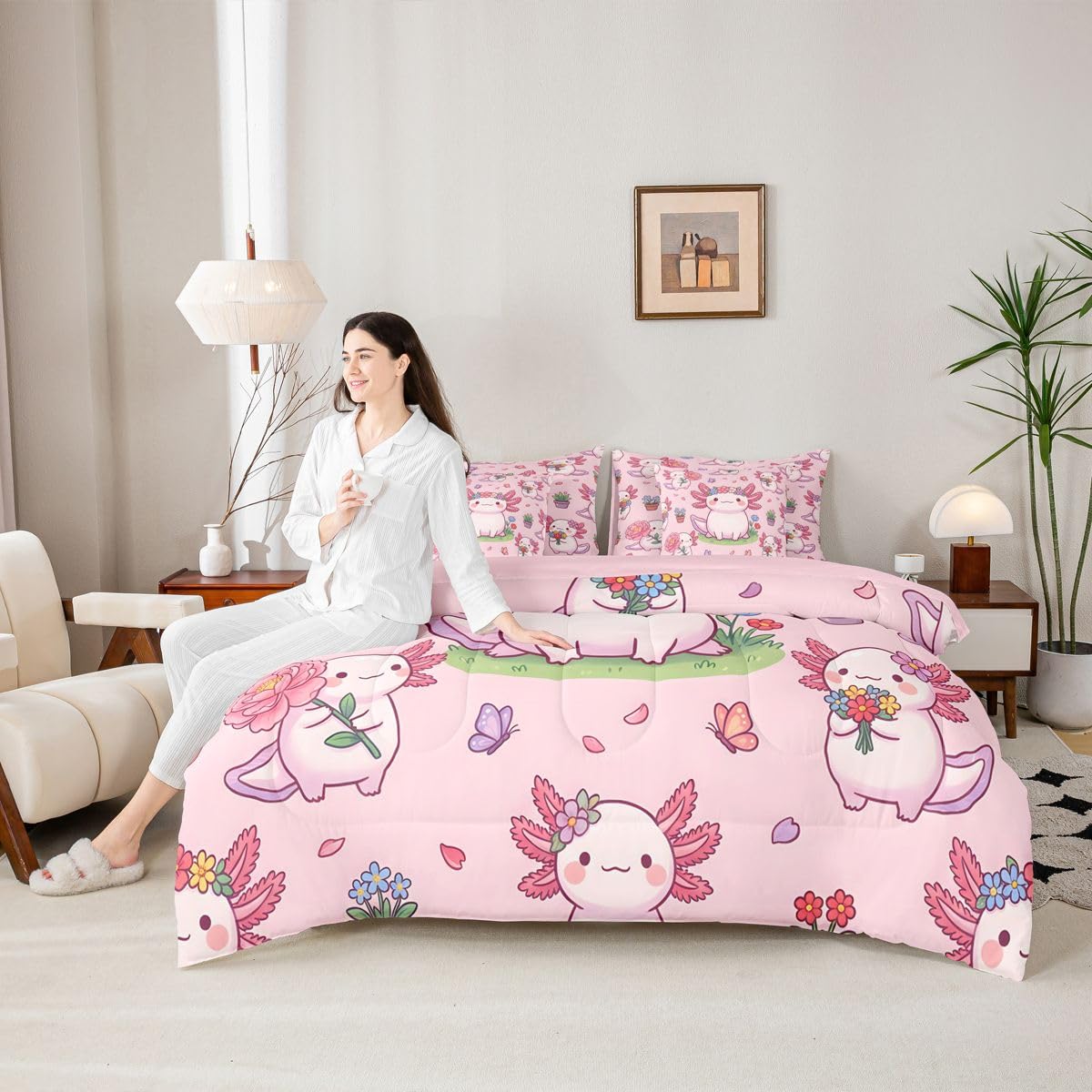 Kids Cartoon Axolotl Twin Size Bedding Set for Girls Pink Flower Floral 7 Pieces Comforter Set with Sheets for Preteen Girly Pink Axolotl Bed in a Bag for Teens Spring Garden Blossom Bed Sets