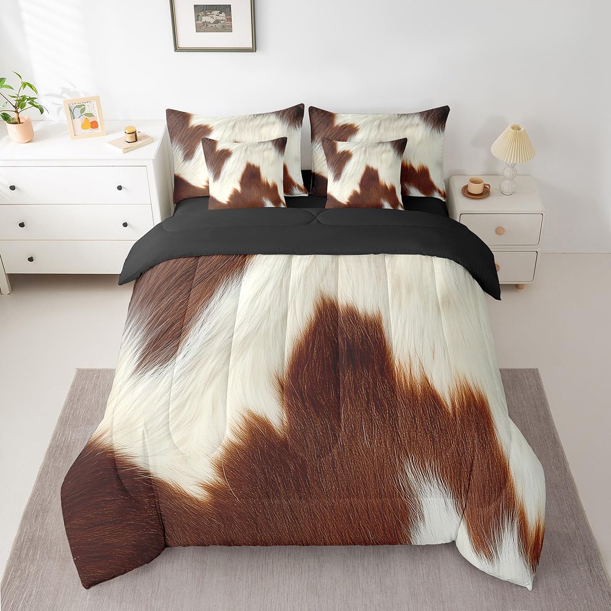 Erosebridal Brown Cowhide Teens Comforter Set 7 Piece Cute Cow Print Bedding Set King Size Western Cowboy Bed in A Bag for Kids Boys Adult Bedroom Animal Fur Country Sheets