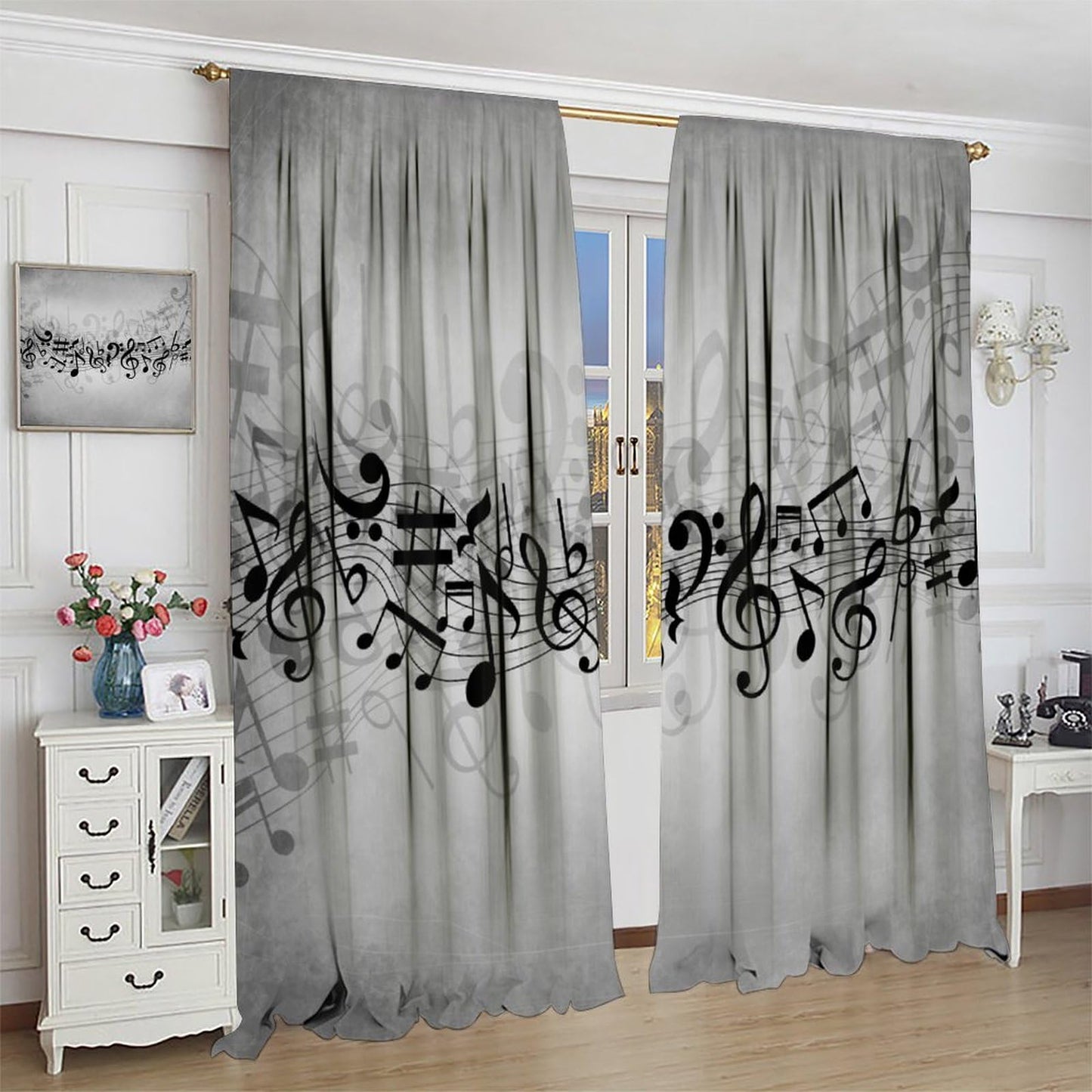 Djaby Music Notes Curtain, Musical Notes Rhythm of The Song Curtain Black and White Singing Clef Ornamental Window Treatments for Bedroom Living Room Home 42" W X 45" L(No Blackout)