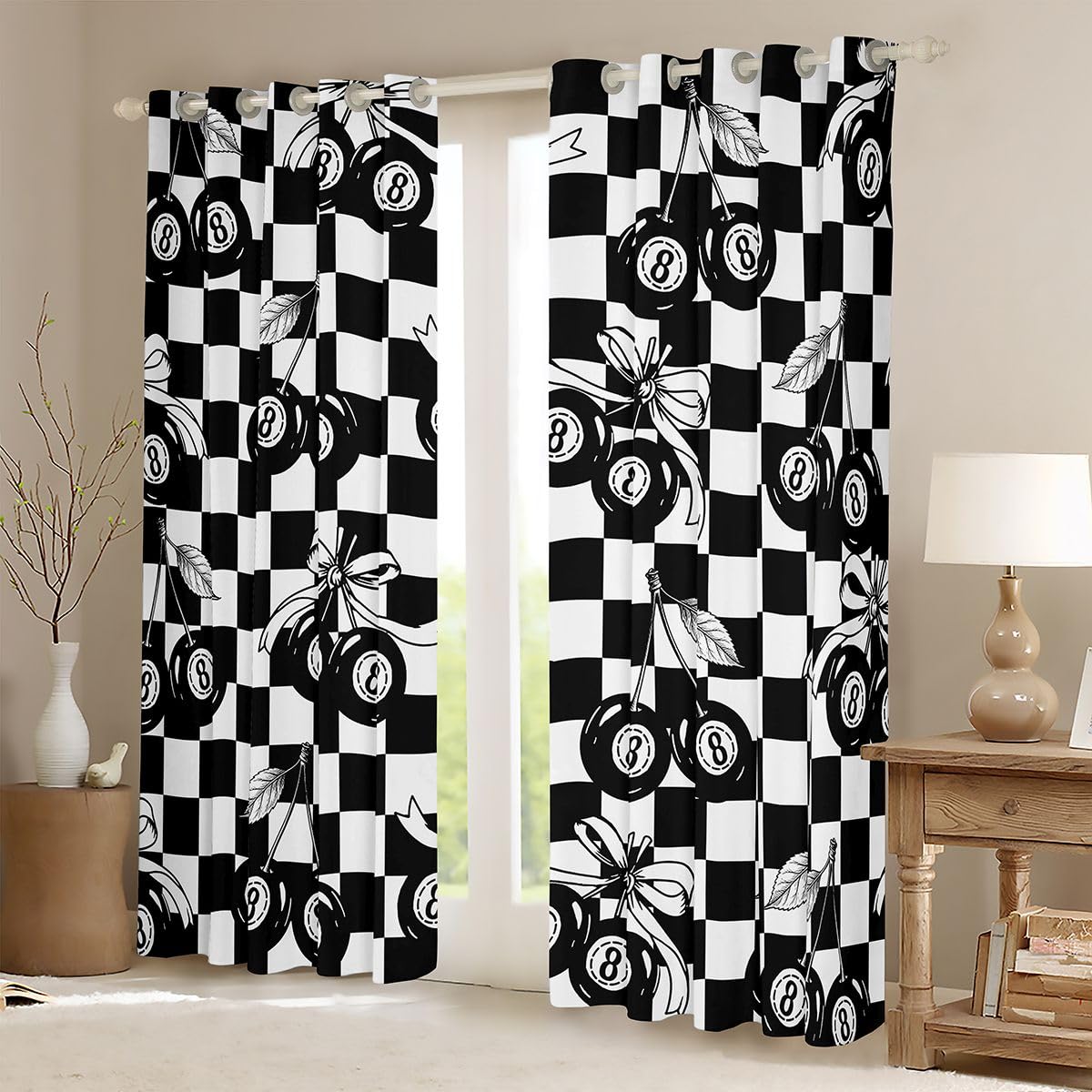 Erosebridal Black and White Checkered Blackout Curtains for Bedroom Y2K Lucky 8 Ball Window Curtains 2 Panels 42" Wx63 L Fashion Coquette Cherry Bow Drapes,Trendy Aesthetic Preppy Window Treatments