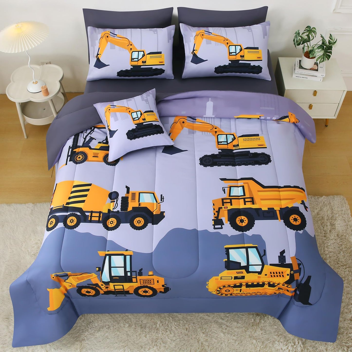 JQinHome Construction Twin Bedding Sets for Boys Kids,6 Piece Bed in A Bag 3D Cartoon Car Excavator Tractor Comforter Set with Sheet Set,Trucks Cars