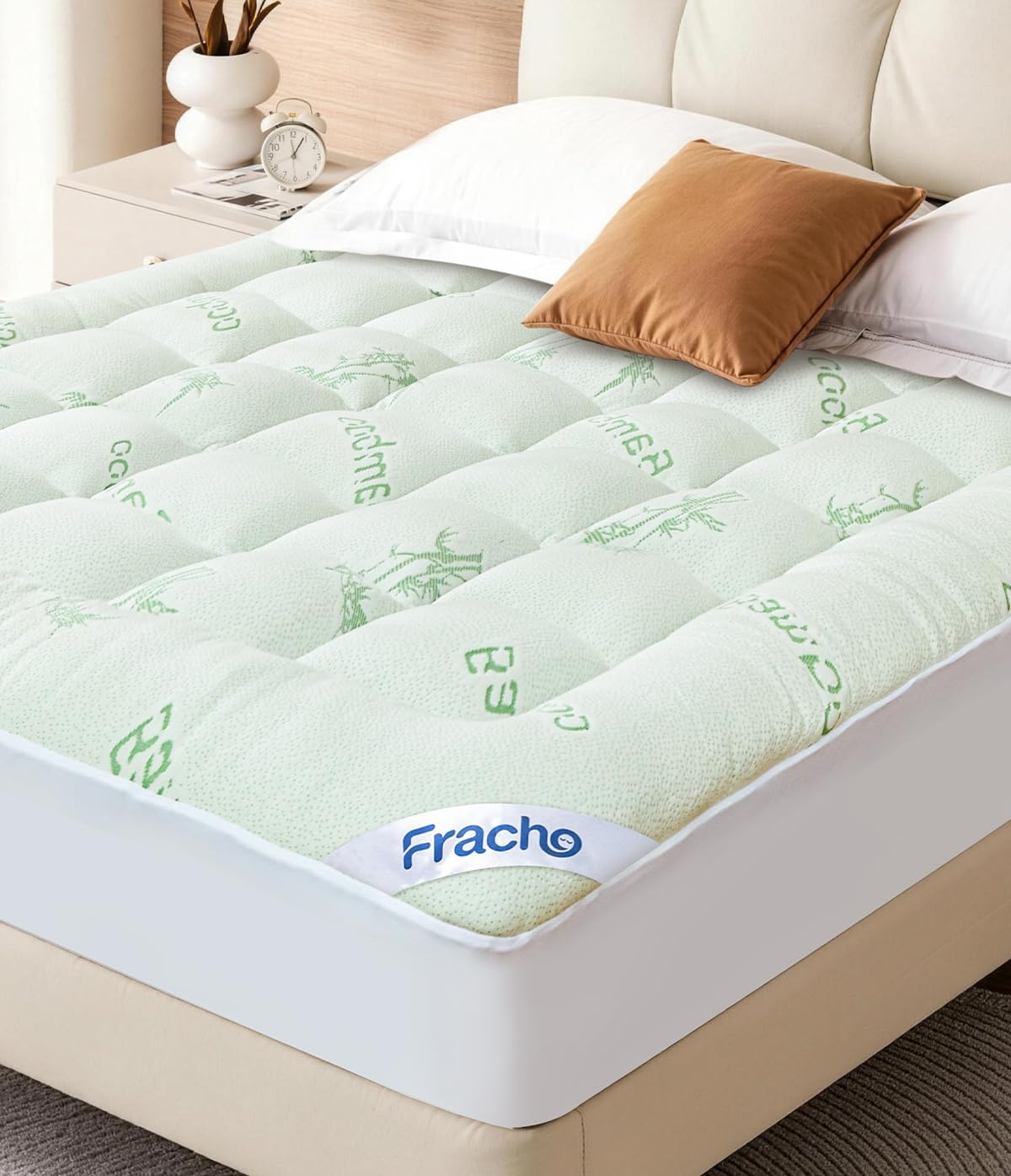 Fracho Ultra Soft Mattress Topper Queen Size - Rayon Made from Bamboo Cooling Mattress Topper - 1000GSM Plush Pillow Top Bed Pad, Naturally Breathable & Supportive for Hot Sleepers, Green