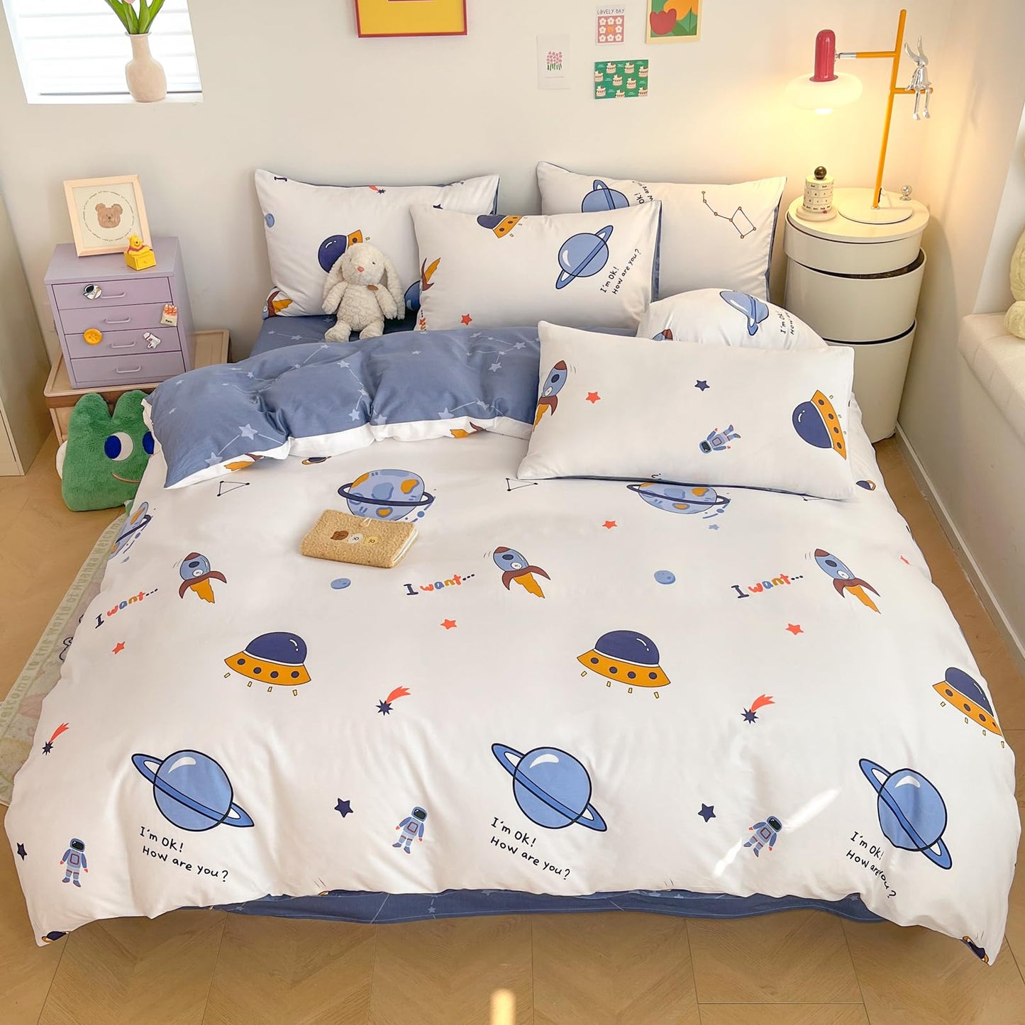 LIWHENHAO Space Duvet Cover Set Queen 100% Cotton Bedding Cartoon Astronaut Rocket Galaxy Print on White 1 Star Comforter Cover Full Zipper Closure 2 Pillowcases for Kids Girls Boys Woman