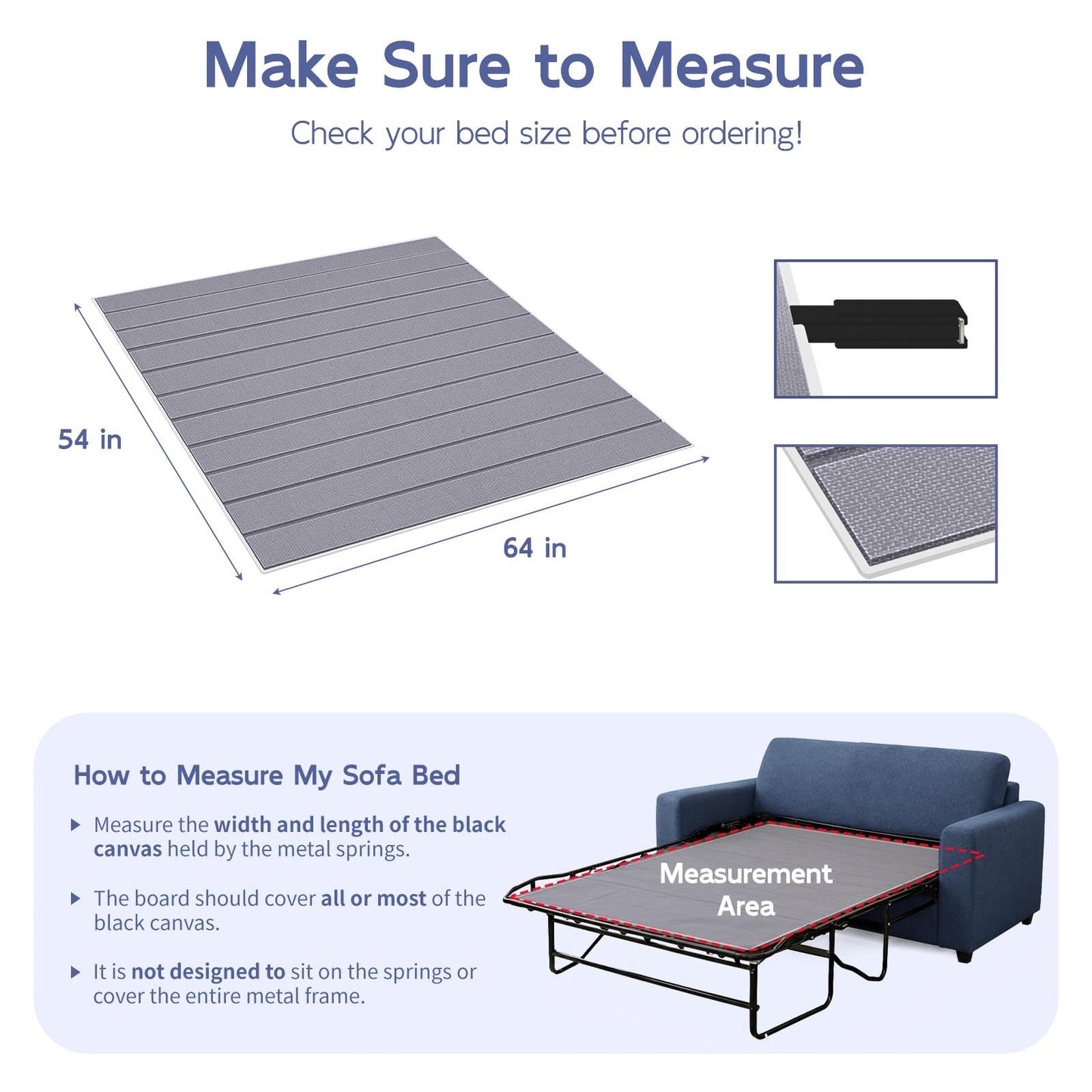 BlissBoard Sleeper Sofa Support Board, Pull Out Couch Cushion Support, 10mm Light and Thin, Quiet & Moisture-Resistant Bed Boards for Under Mattress, Queen Size (64"x54")