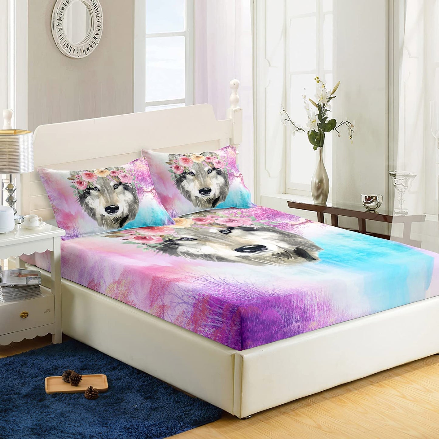 XYNHML Wolf Bedding Set Tie Dye Rose Fitted Sheet for Kids Teens Room Decor Wild Animals Bed Cover with 2 Pillowcases