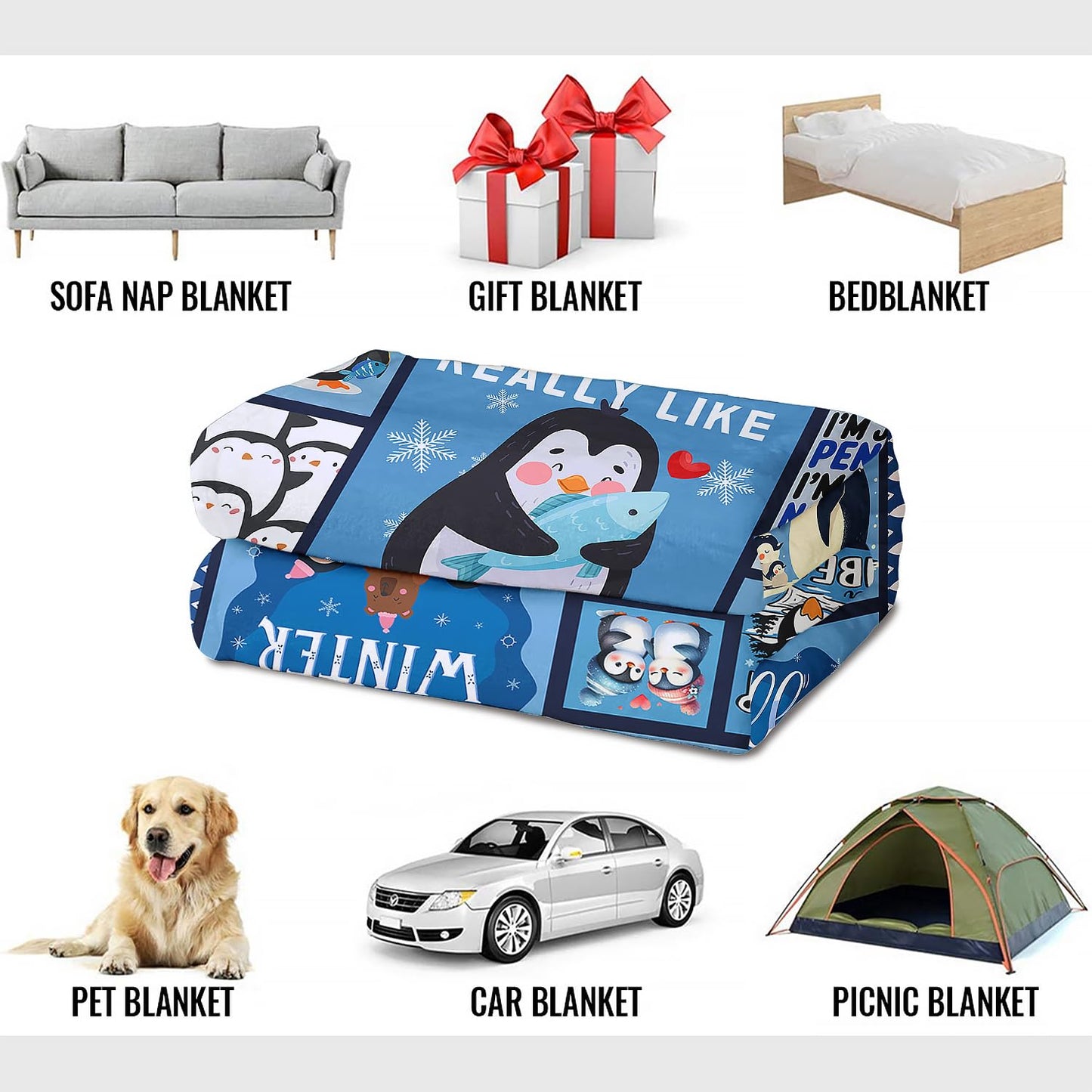XSMEI Penguin Throw Blanket, Cute Animal Collage Design, Soft Cozy Fleece Blanket for Couch Bed, 60 x 80 Inches