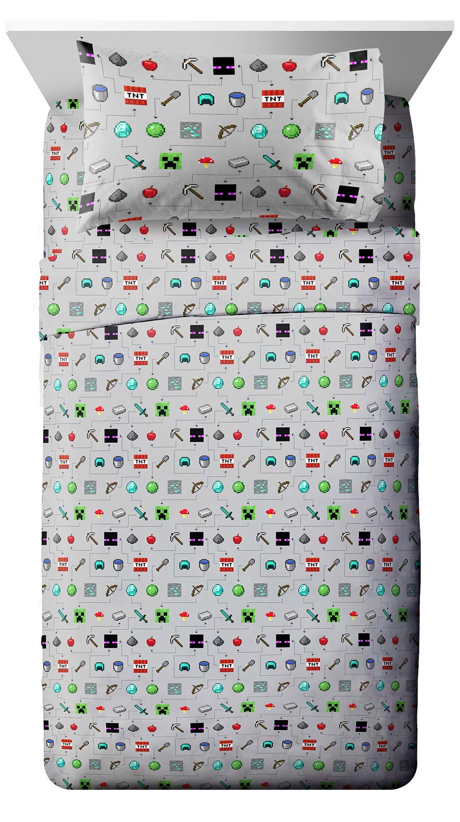 Jay Franco Kids Sheet Set with Fitted, Flat Sheets & Pillow Cover - Ultra-Soft Bedding with Pillowcase for Room Decor, Gray - Minecraft, 4 Piece Full