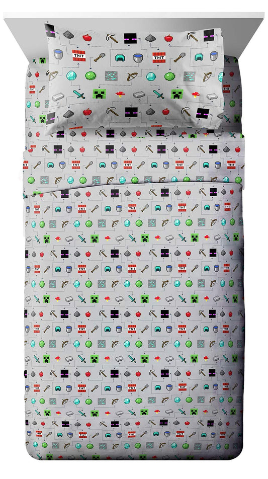 Jay Franco Kids Sheet Set with Fitted, Flat Sheets & Pillow Cover - Ultra-Soft Bedding with Pillowcase for Room Decor, Gray - Minecraft, 4 Piece Full