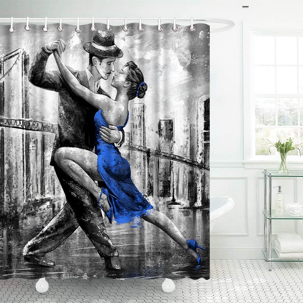 Conipit Dancing Couple Shower Curtain Black White Blue Shower Curtains Romantic Bathroom Curtain Waterproof Polyester Fabric 72"X72" with Hooks