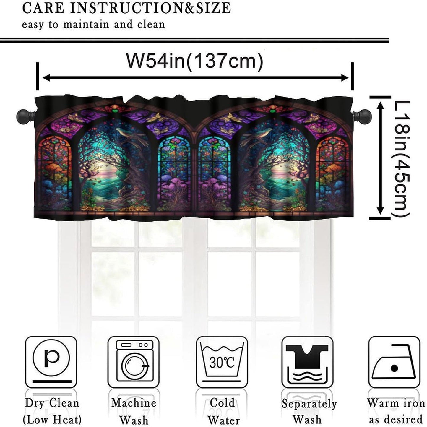 Stained Glass Blackout Window Valance Curtain, Autumn Forest Mosaic Art Beautiful Nature Scenery Stained Glass for Home Kitchen Livingroom Coffee Room Window Valance 1 Panel 54x18inch