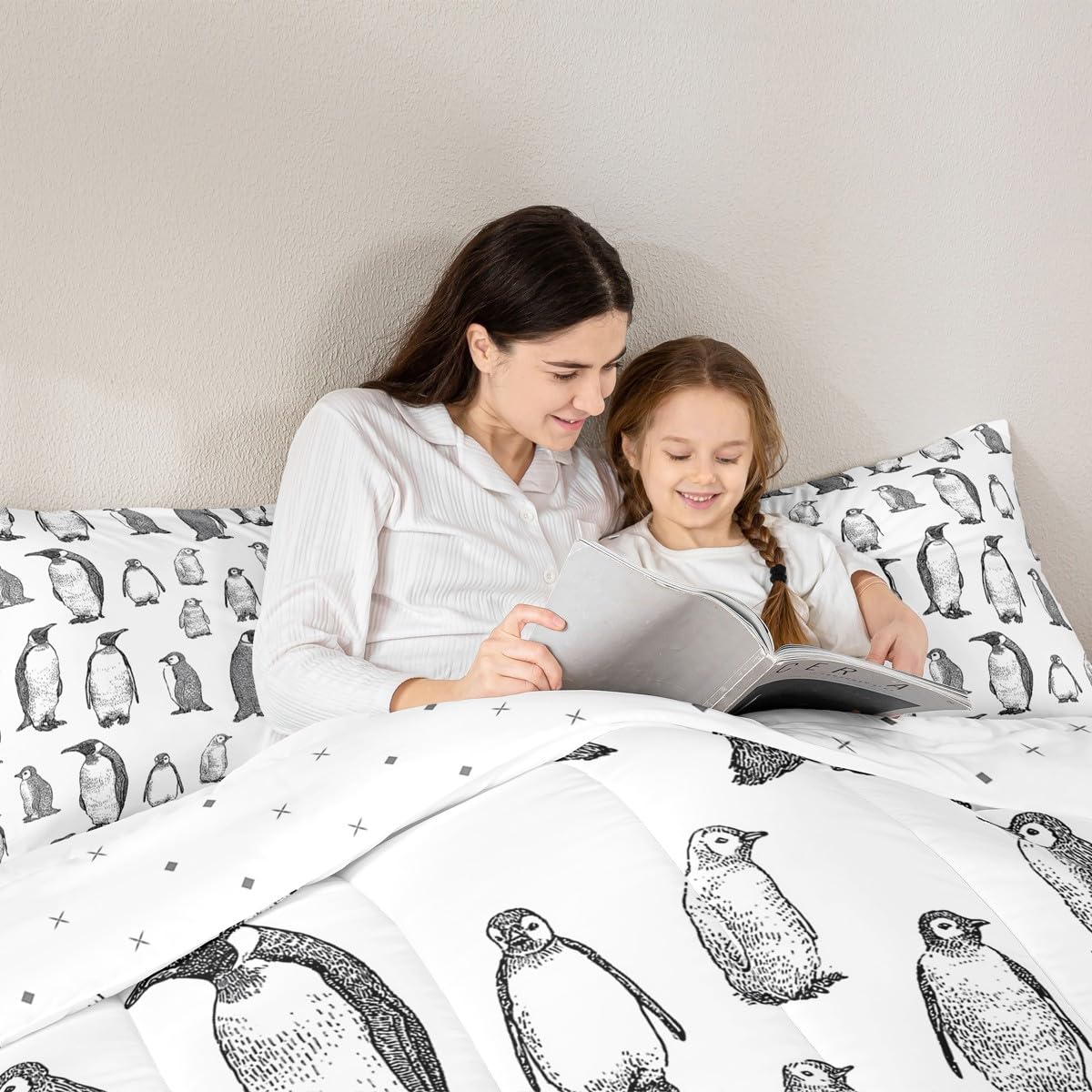 Erosebridal Penguin Comforter Set Twin Size, Antarctic Animal Down Comforter for Kids Boys Girls Children, Winter Theme Duvet Insert Penguin Sketch Quilted Duvet Bed Decorative, Grey White