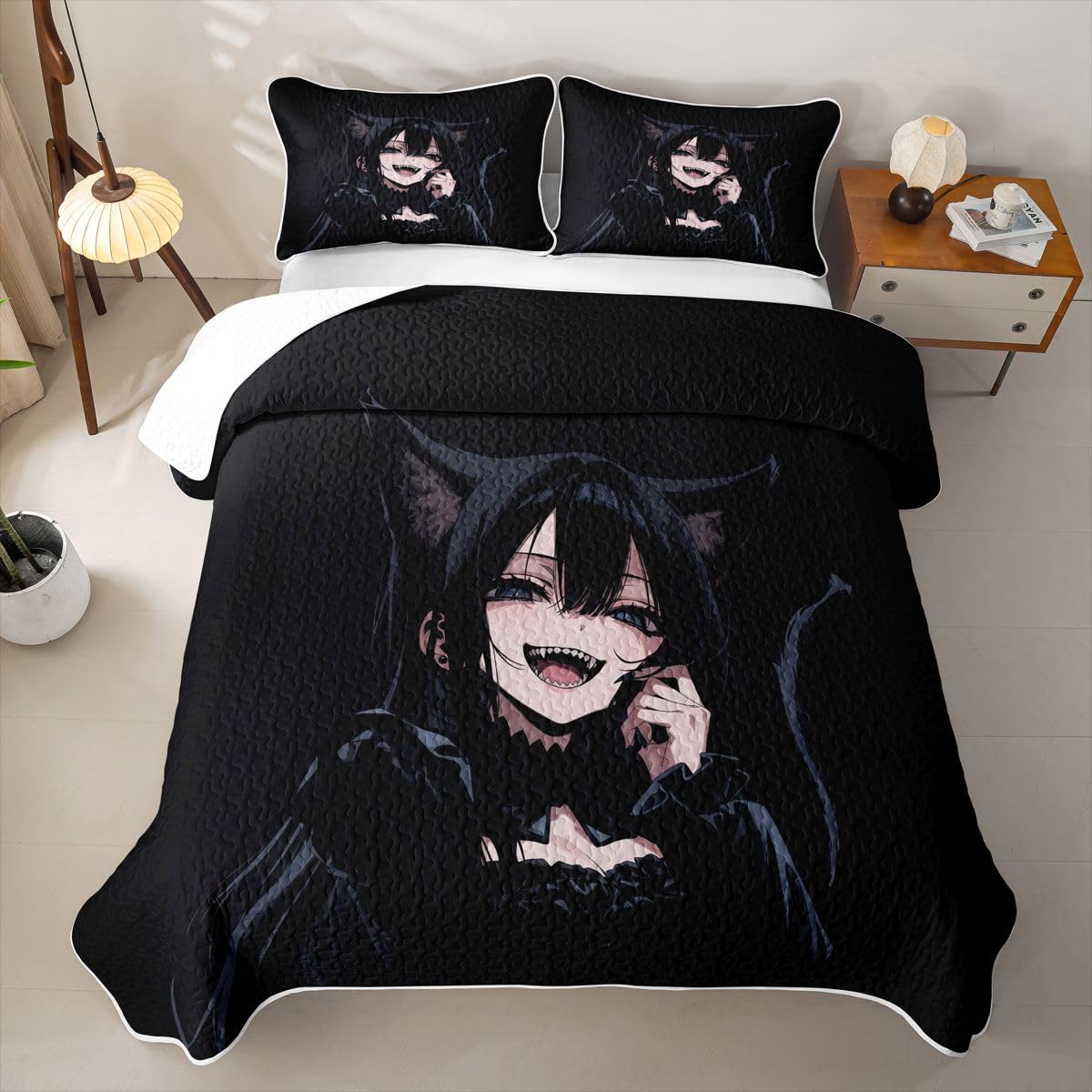 Erosebridal Anime Girl Quilts Twin Size - 3D Japanese Bedspread Coverlet Set, Gothic Style Cat Girls Quilt Coverlets 2Pcs (Only 1 Pillowcase)