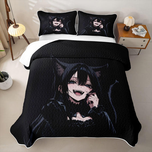 Erosebridal Anime Girl Quilts Twin Size - 3D Japanese Bedspread Coverlet Set, Gothic Style Cat Girls Quilt Coverlets 2Pcs (Only 1 Pillowcase)