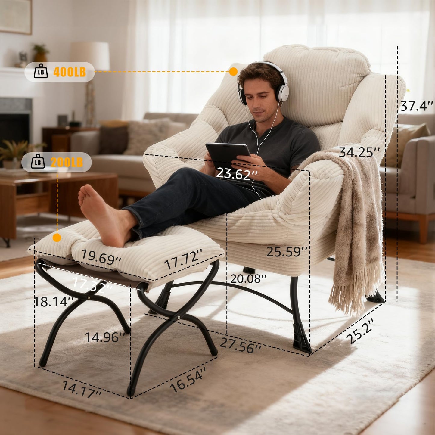 Oversized Lazy Chair with Ottoman for Adults, Chair and Ottoman Set Modern Skinny Lounge Chair with Footrest, Wide Reading Chair for Living Room, Comfy Accent Armchair for Small Spaces, White