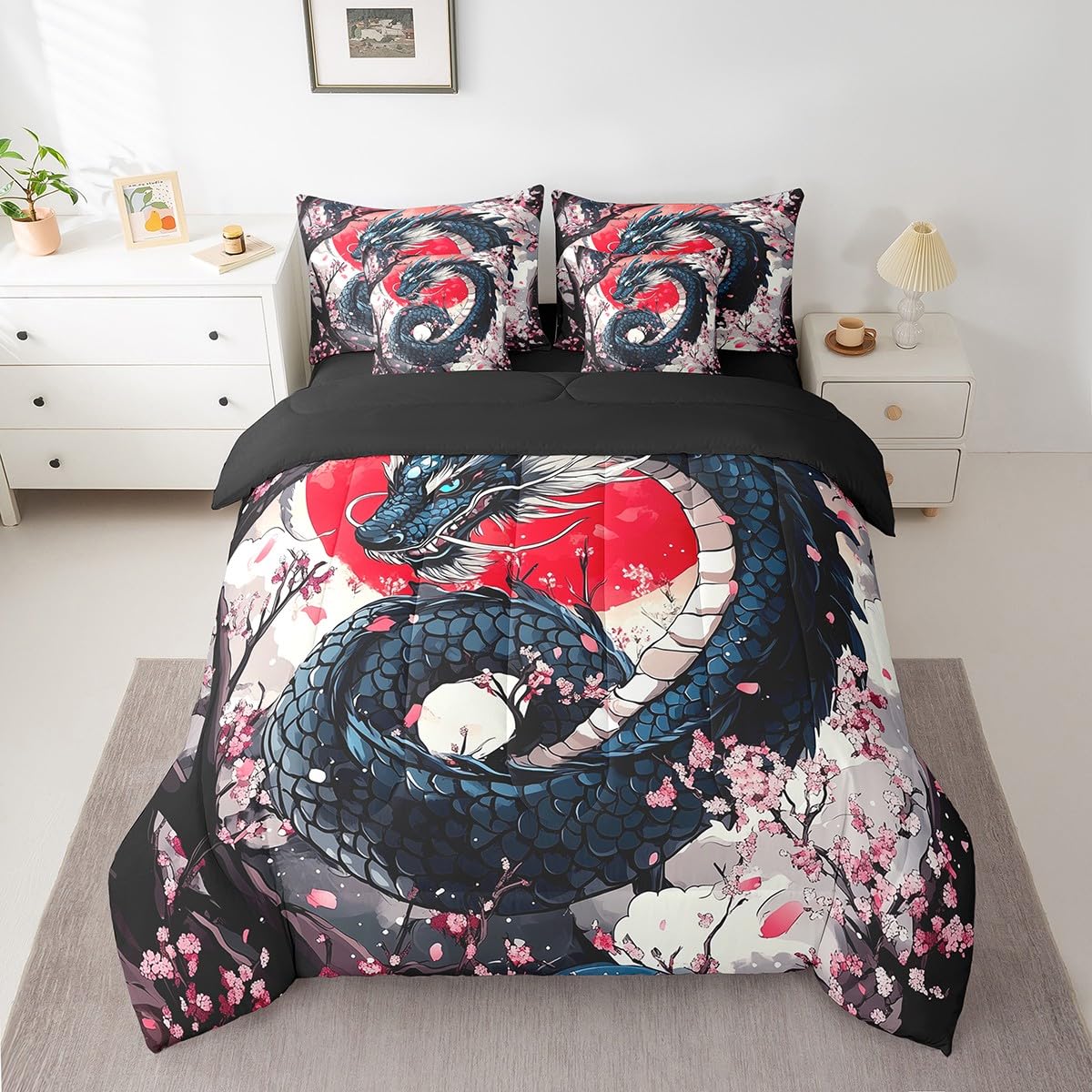 Erosebridal Japanese Dragon Queen Bedding Set 7 Piece,Pink Cherry Blossom Bed Set for Kids Boys Girls,Oriental Style Aesthetic Floral Bedding Comforter Sets with Fitted Sheet,Flat Sheet,Pillowcases
