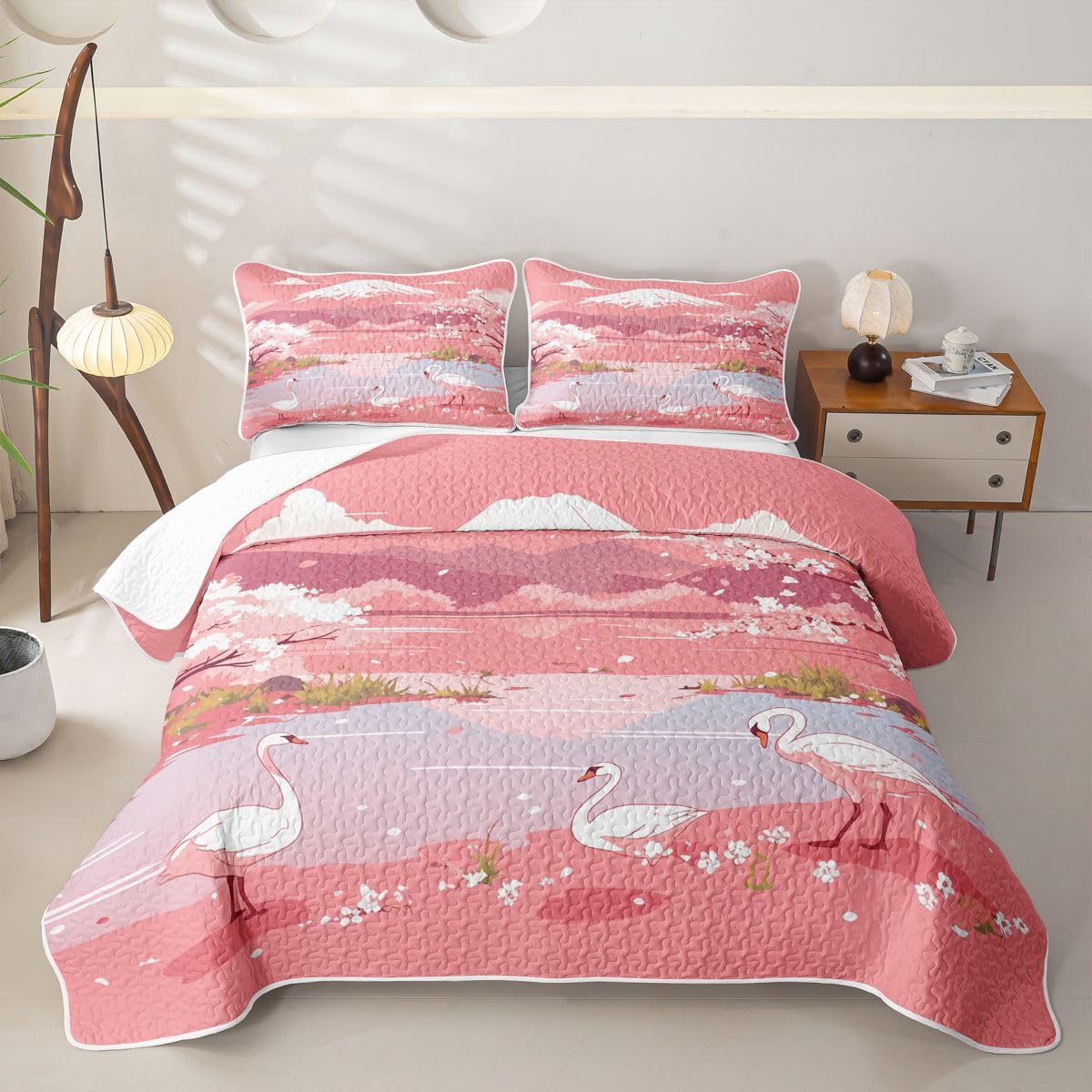 Erosebridal Japanese Cherry Blossoms Quilts Twin Size - Pink Japanese Style Bedspread Coverlet Set, Pink White Farmhouse Country Quilt Coverlets 2Pcs (Only 1 Pillowcase)