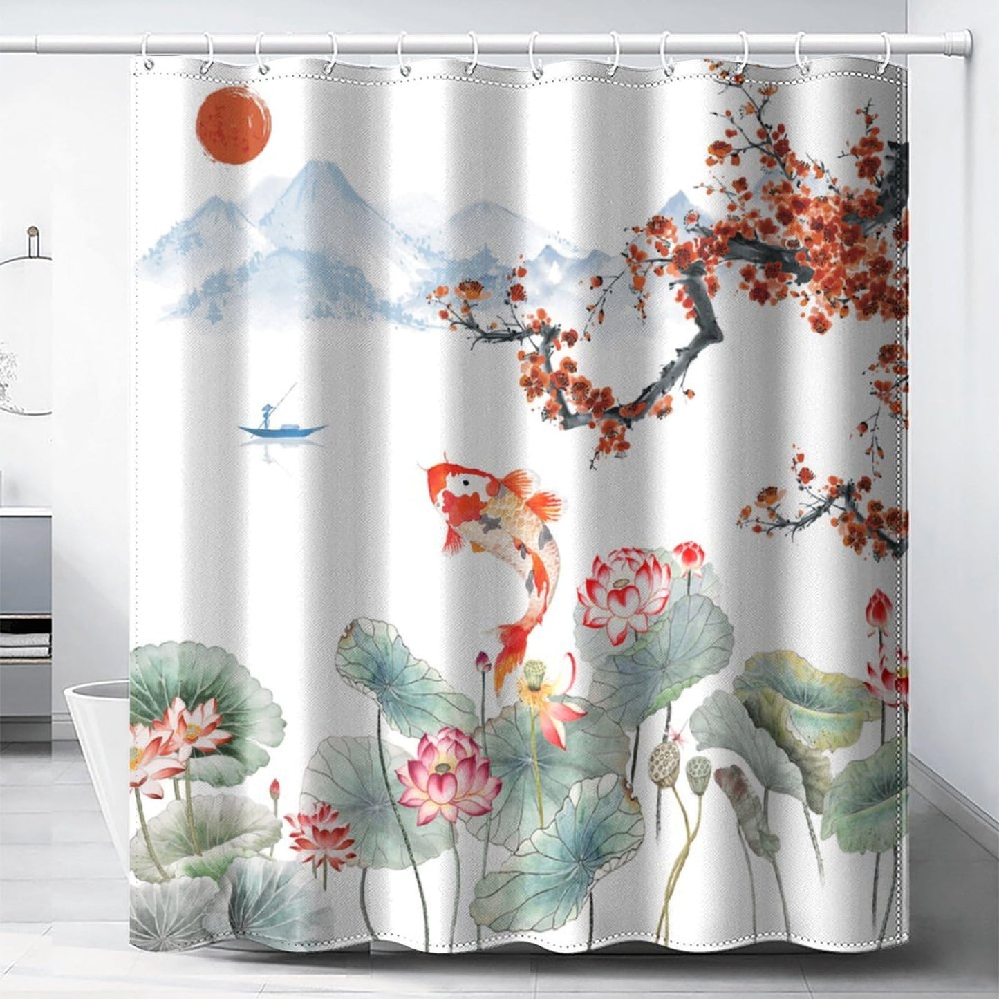 DDCBNS Japanese Koi Fish Shower Curtain,Spring Nature Landscape Cherry Blossoms Floral Print Shower Curtain for Bathroom Decor Asia Oriental Theme Fabric Waterproof Upholstery Hook 66x72inch