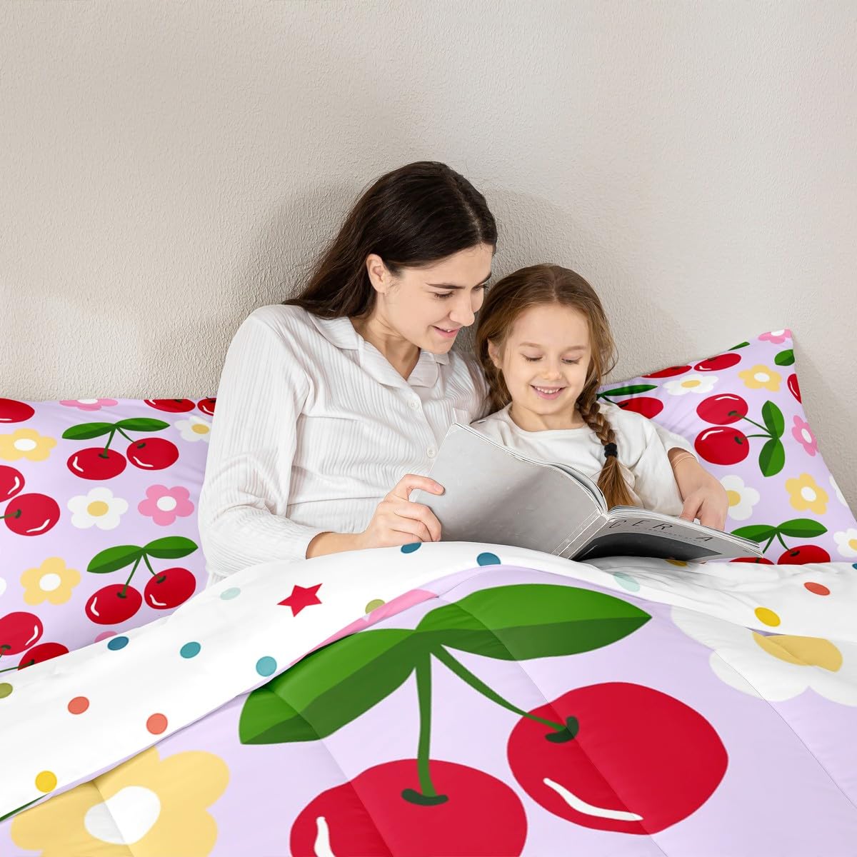 Red Cherry Kids Comforter Set Twin Size,Cartoon Flowers Tropical Fruits Rustic Bedding Set,Girls Princess Room Decor,Modern Fashion Coqueta Down Comforter,Purple Bright Duvet Insert,1 Pillowcase
