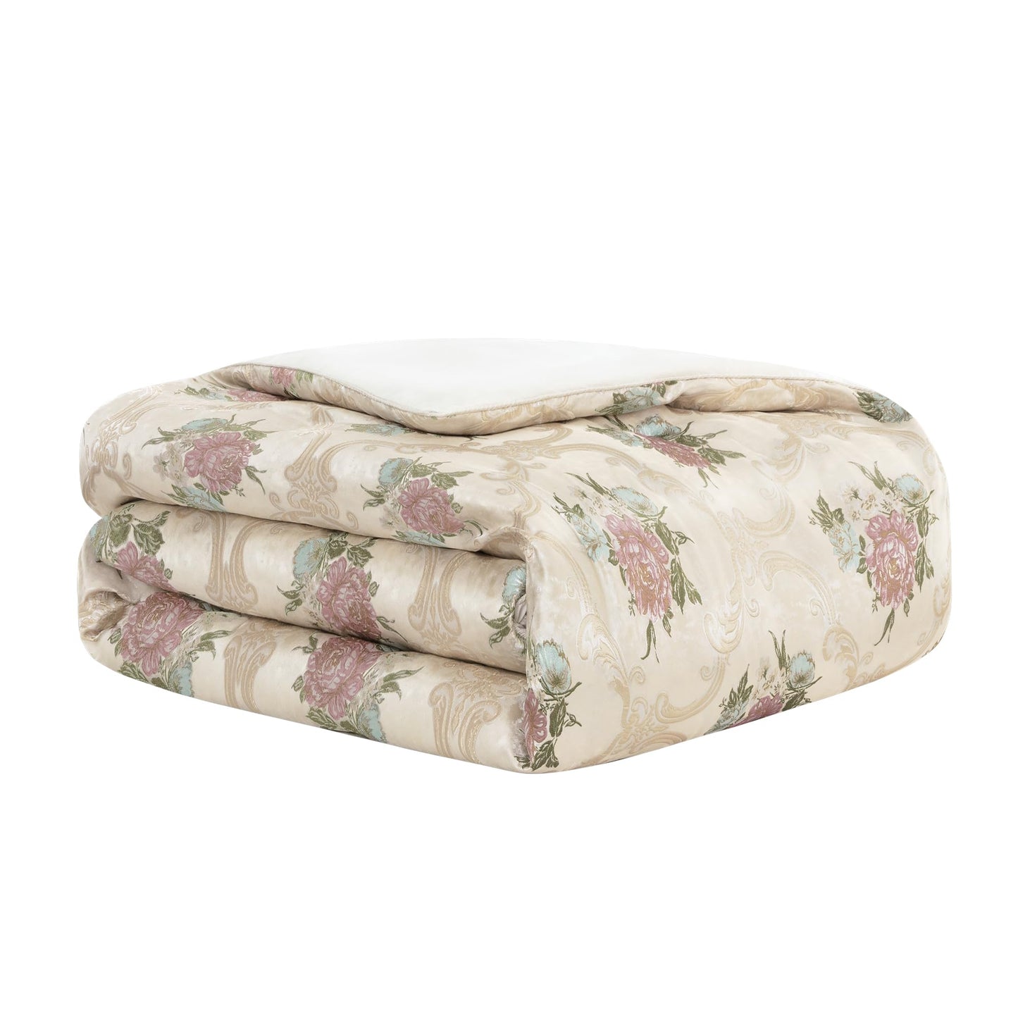 Loom and Mill 9-Piece Luxury European Floral Comforter Sets, Romantic French-Style Jacquard Bedding Set Queen Size with Euro Shams, Bedskirt, Filled Decorative Pillow for Home(Pearly Beige,Queen)