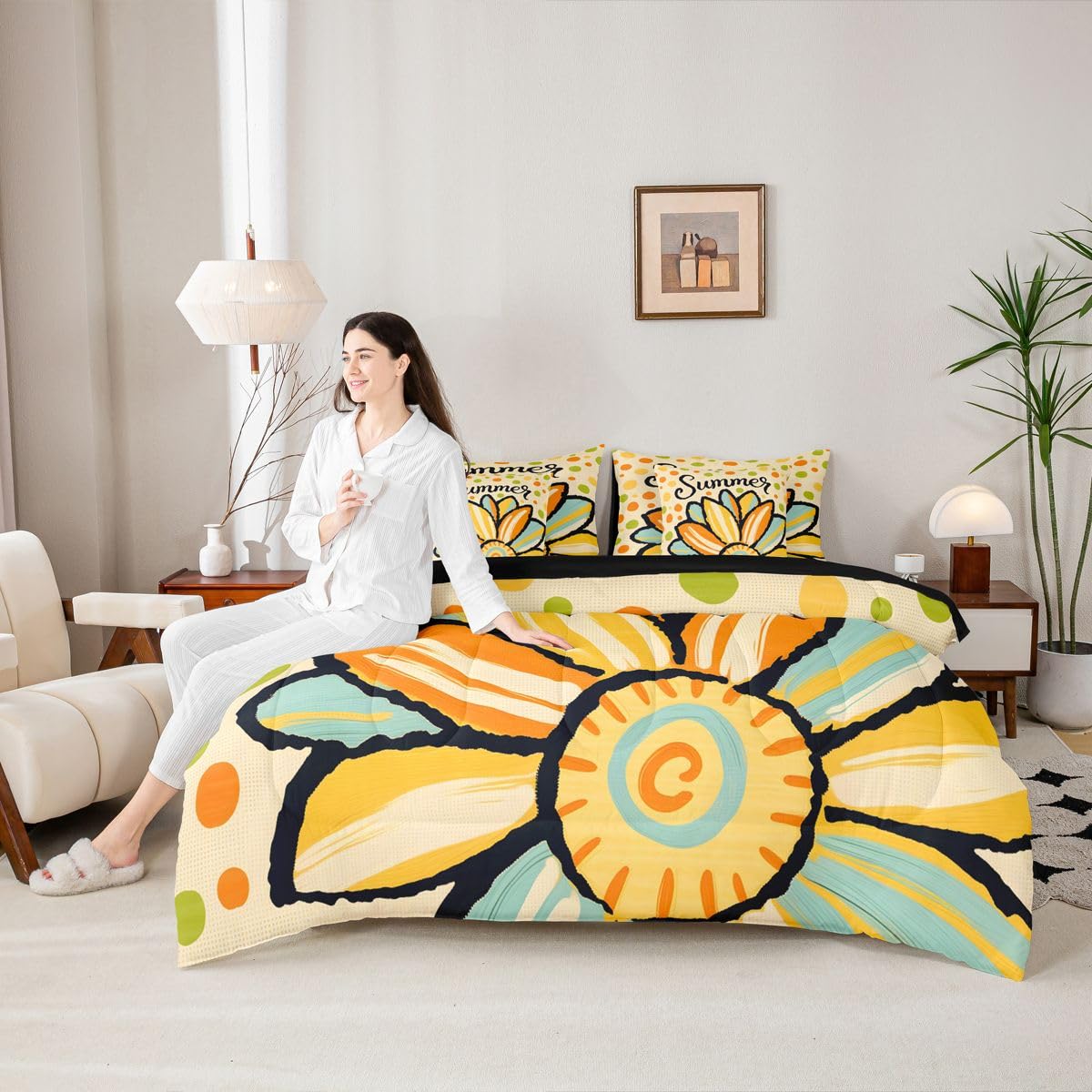 Erosebridal Cute Daisy Queen Bedding Set Retro Polka Dot Comforter Set with Flat and Fitted Sheet Whimsical Summer Colorful Floral 7-Piece Bed in a Bag Kids Friendly Playful Art Quilt Sets