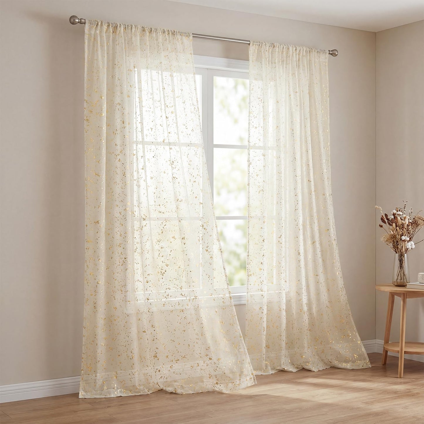 Horaldaily Beige Sheer Curtains for Living Room and Bedroom,Gold Sequin Glitter Metallic Foil, Scenery Light Filtering Window Curtains, 52" W x 84" L, Set of 2 Curtain Panels