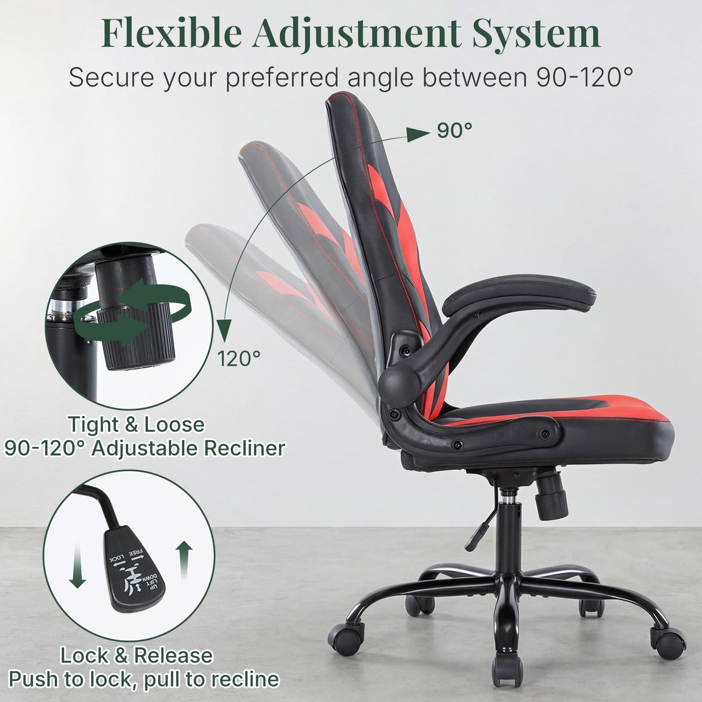 HAPPYMONT Ergonomic Computer Gaming Chair with Flip-up Armrest, Height Adjustable PU Leather Home Office Desk Chair with Lumbar Support Swivel Wheels and for Adults and Kids, Scarlet Red