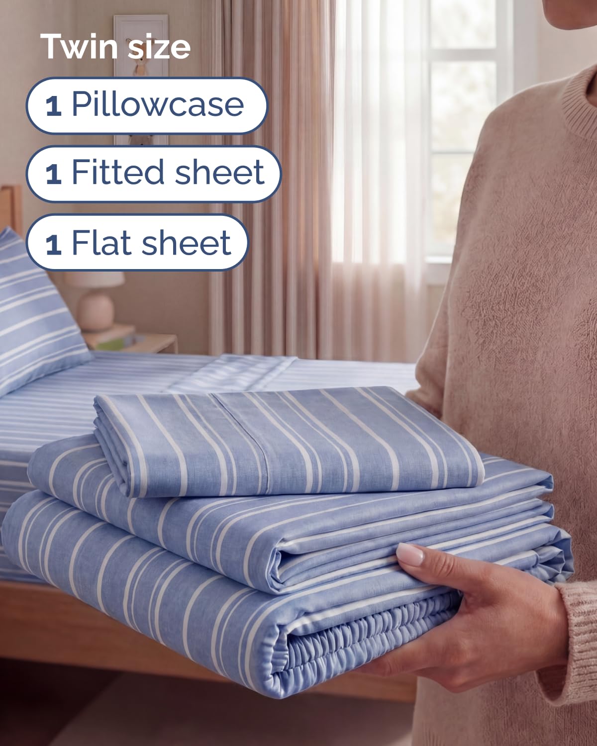 Twin Size 3 Piece Sheet Set - Comfy Breathable & Cooling Sheets - Hotel Luxury Bed Sheets for Women & Men - Deep Pockets, Easy-Fit, Soft and Wrinkle Free Sheets - Blue Stripes Oeko-Tex Bed Sheet Set