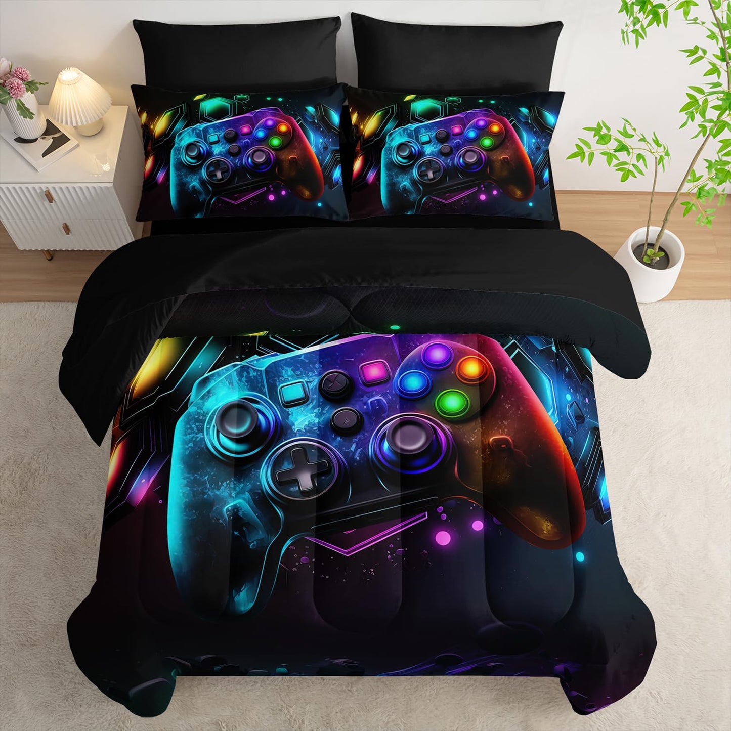 Tuzaovy Gamer Comforter Set 7 Piece Twin Size Bed in A Bag,Game Bedding for Room Decor,Soft Gaming Comforter Video Game Bedding with Fitted Sheet,Flat Sheet, Pillowcases & Shams